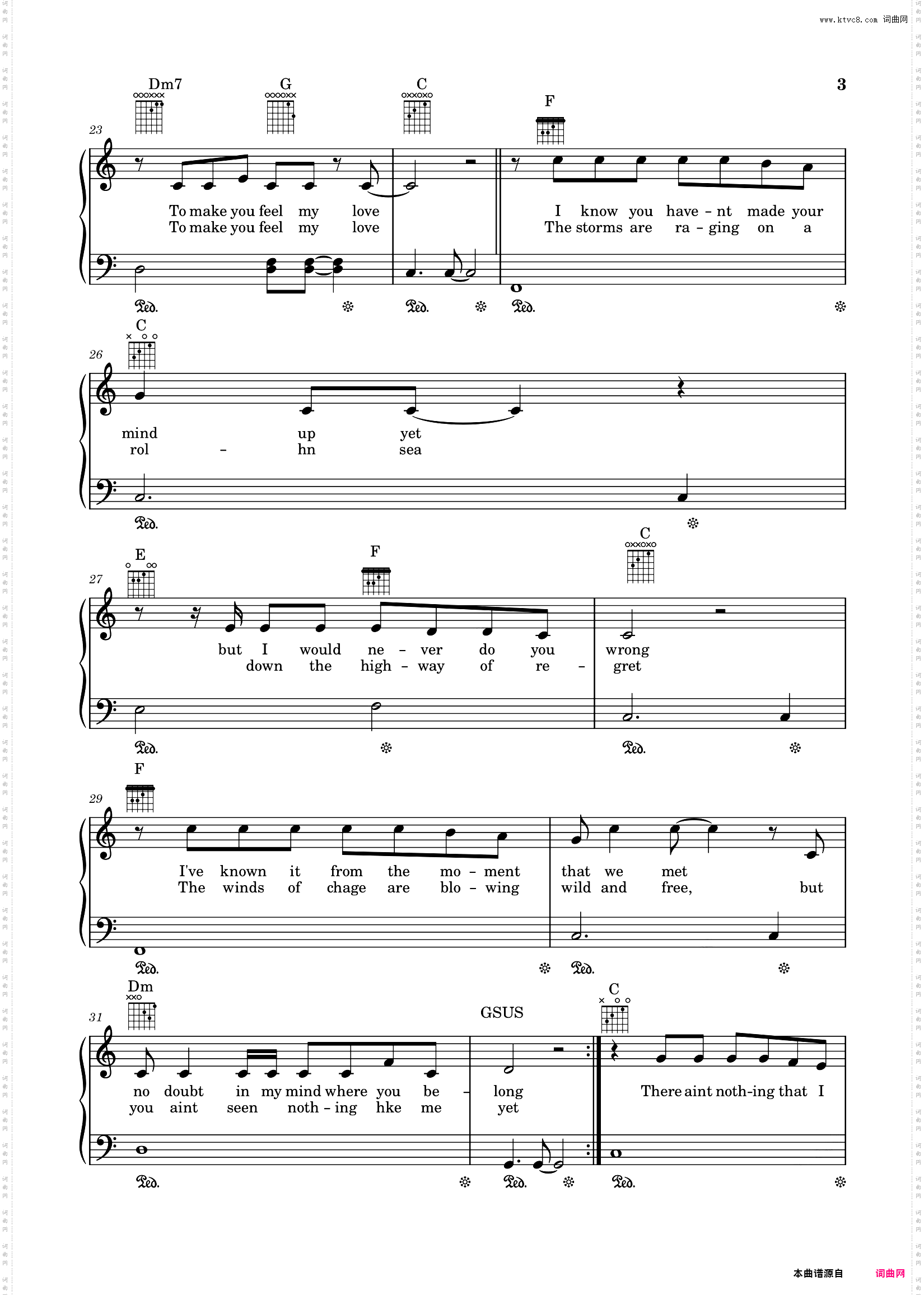 Make You Feel My Love，C大调独奏谱，带歌词和弦，Bob Dylan，阿黛尔Adele