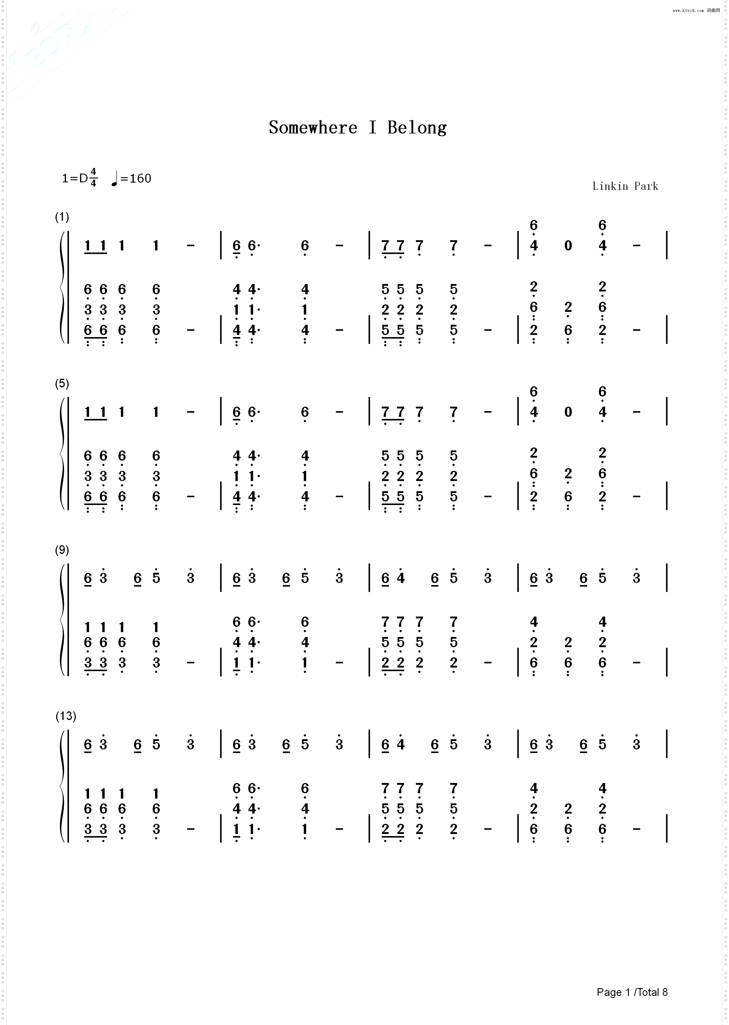 Somewhere I Belong_钢琴简谱线谱