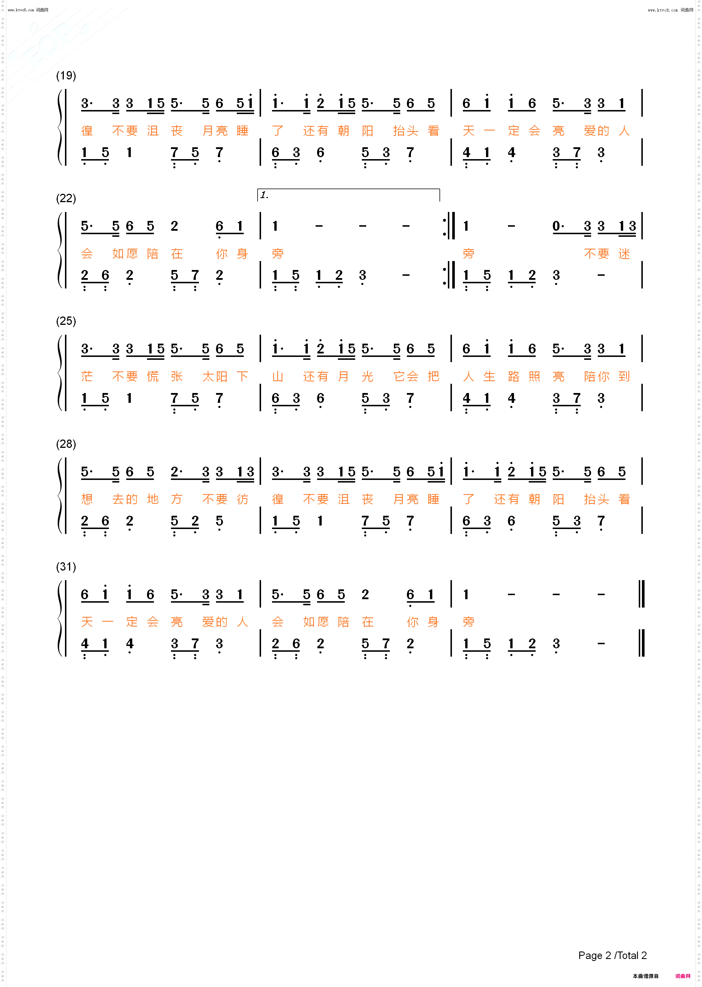 不要慌太阳下山有月光_简单版钢琴简谱线谱