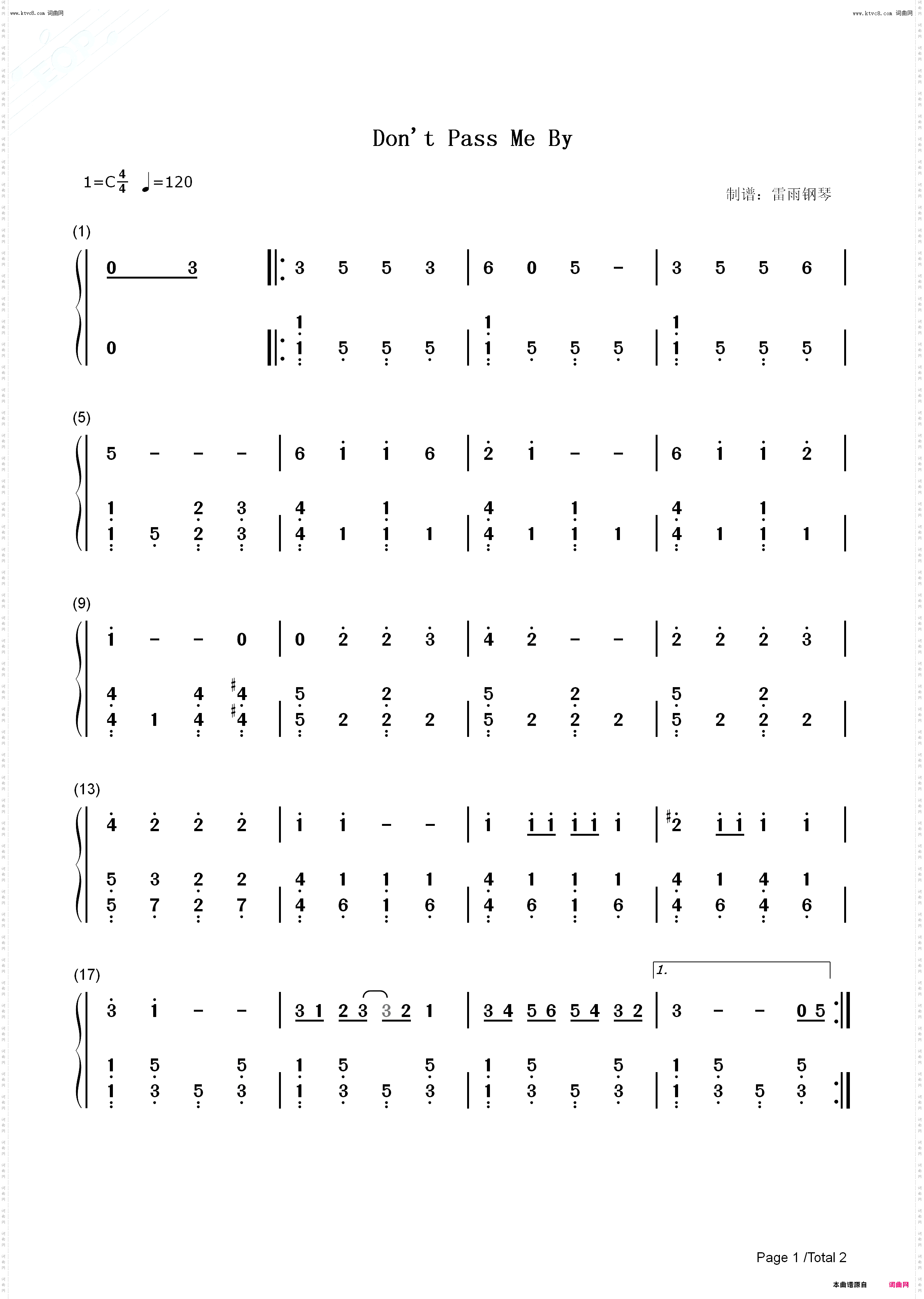 Dont Pass Me By_钢琴简谱线谱