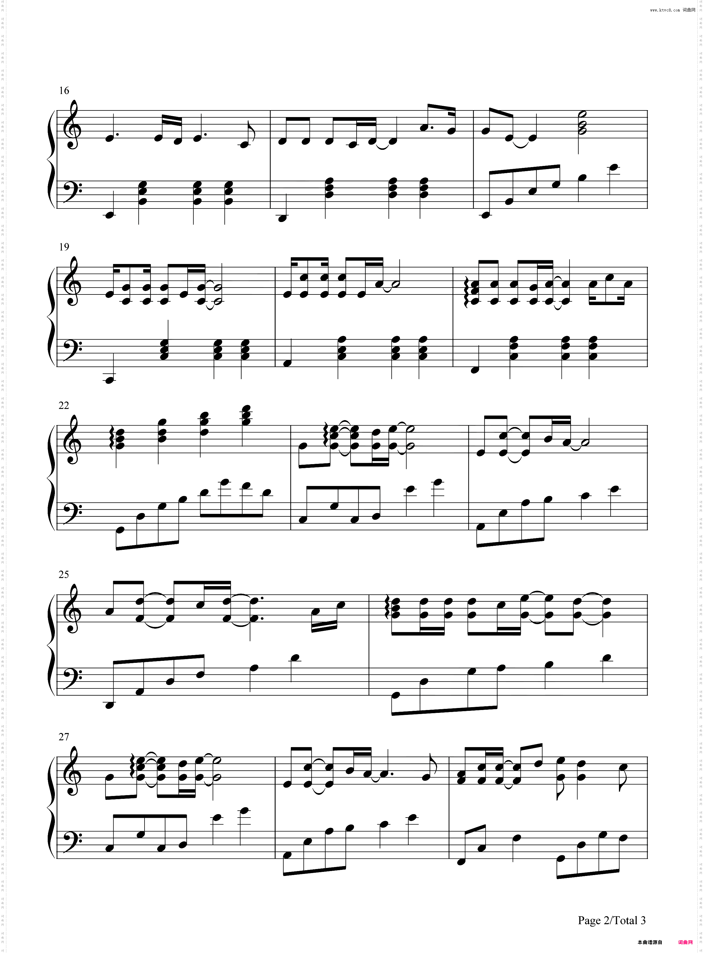 感恩的心_独奏C调钢琴简谱线谱