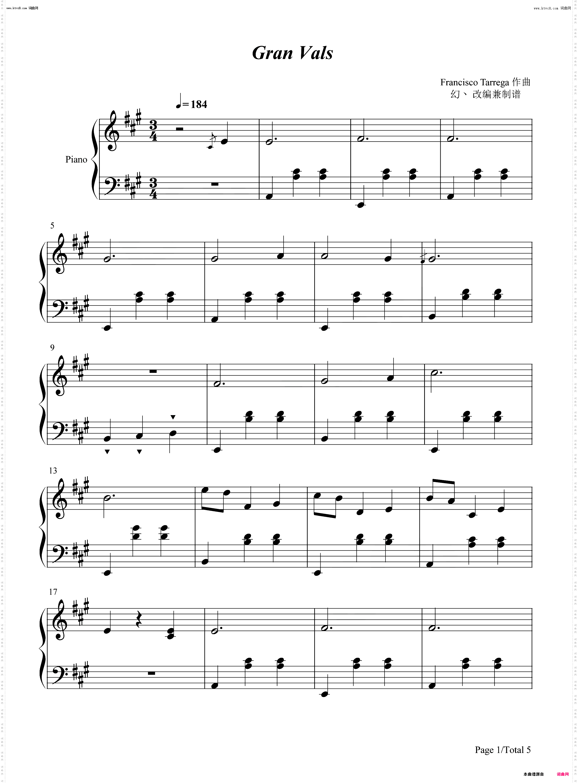 Gran Vals_钢琴简谱线谱