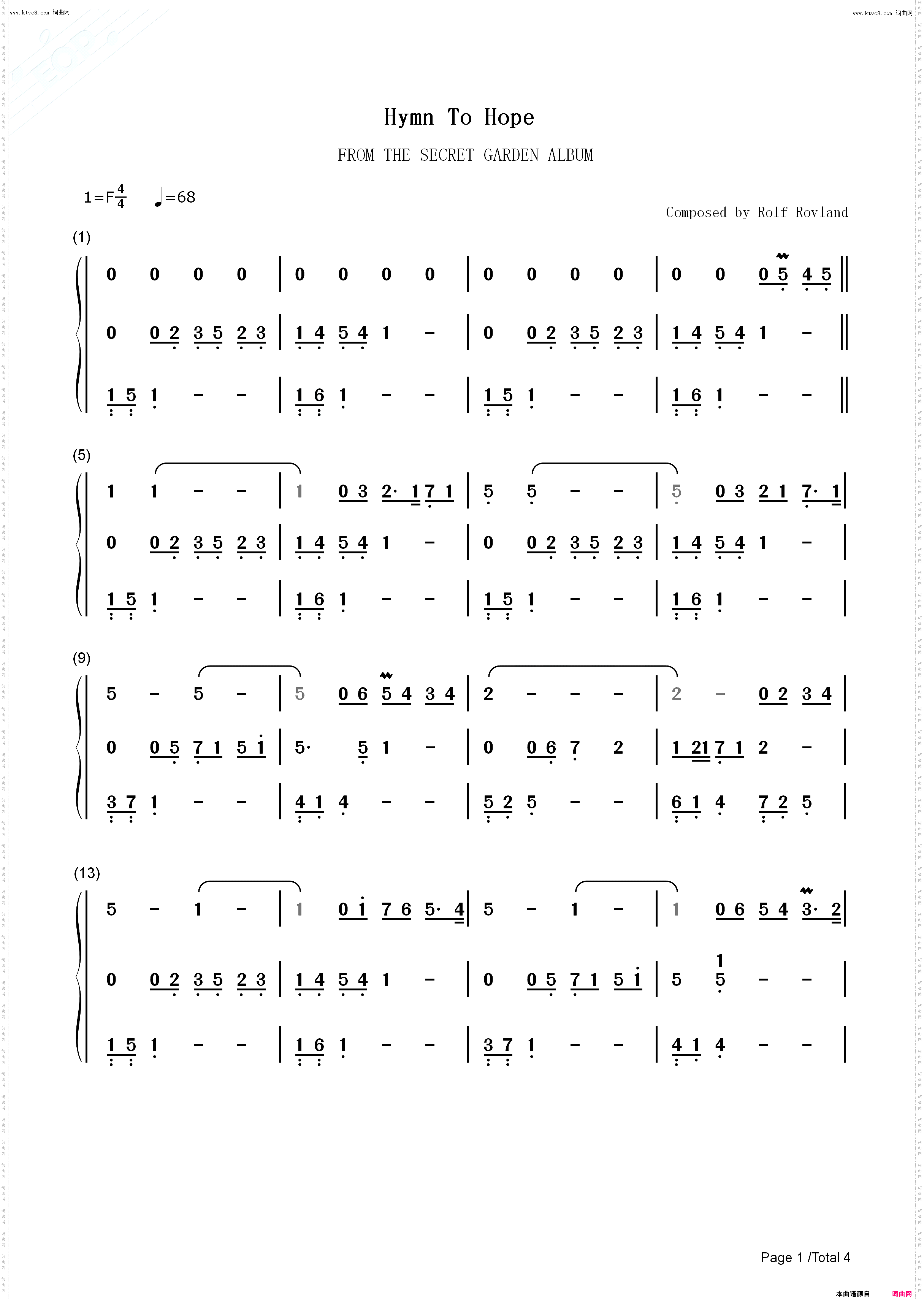 Hymn To Hope希望的赞美诗_钢琴简谱线谱