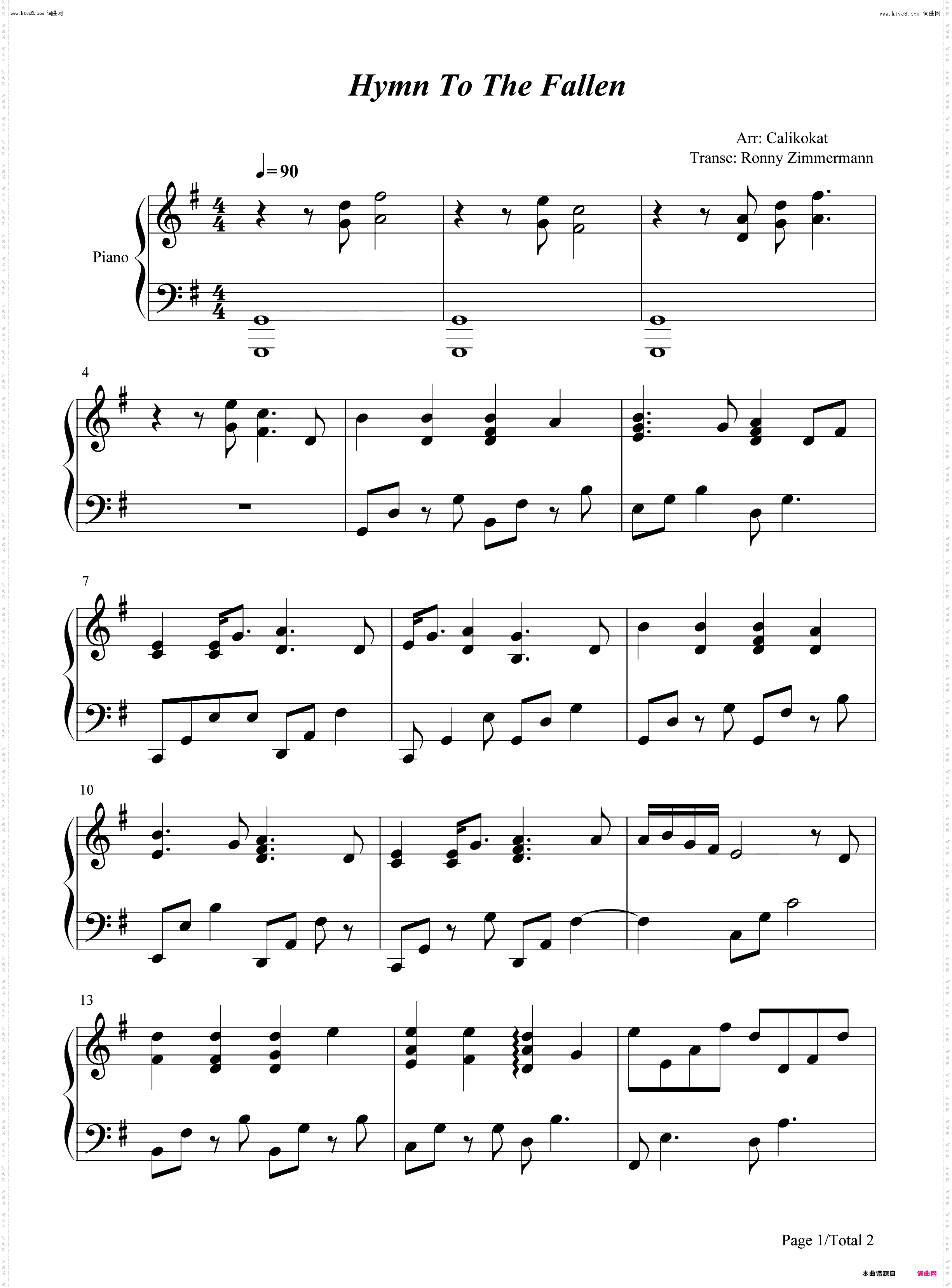 Hymn To The Fallen_拯救大兵瑞恩主题曲钢琴简谱线谱