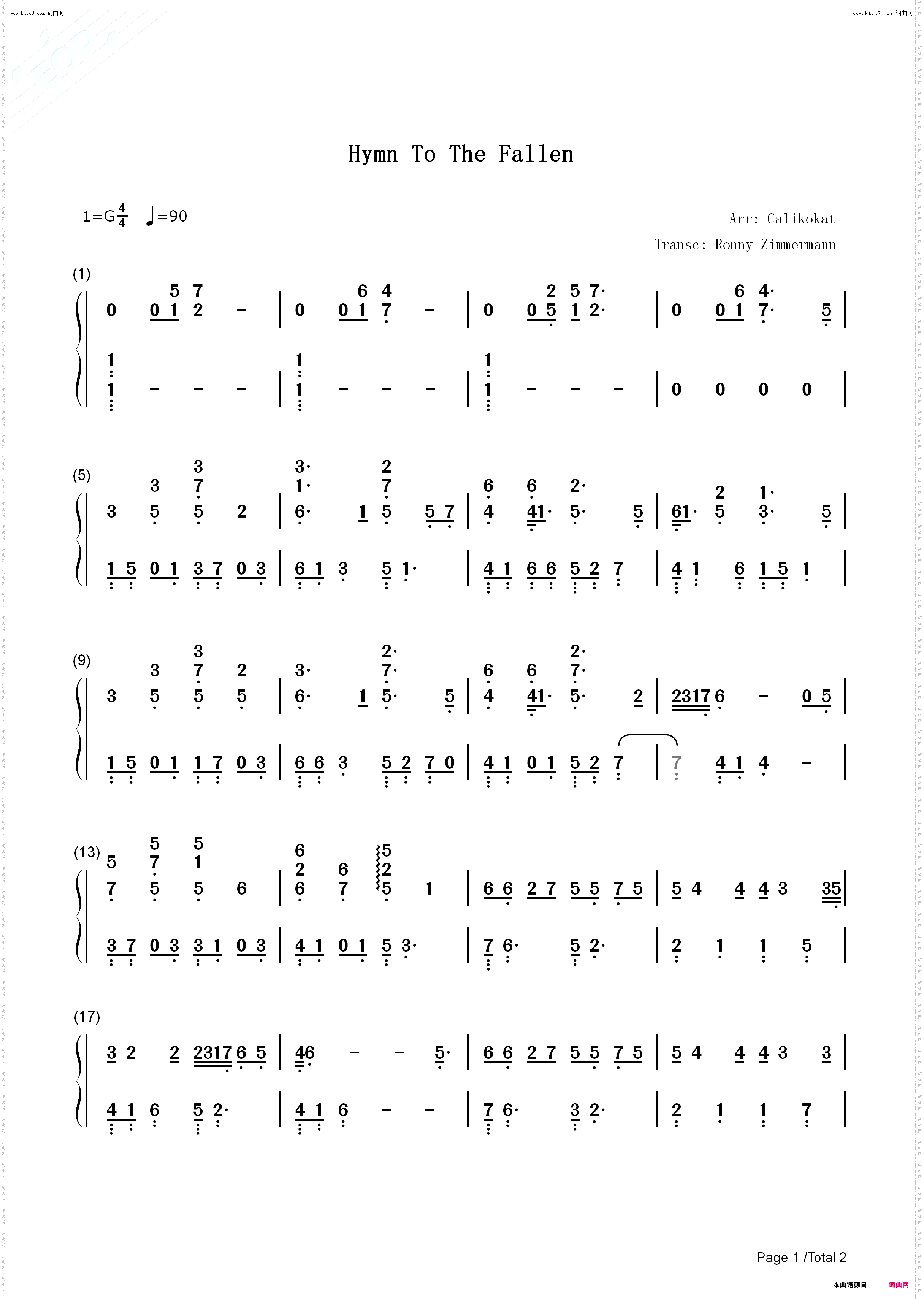 Hymn To The Fallen_拯救大兵瑞恩主题曲钢琴简谱线谱