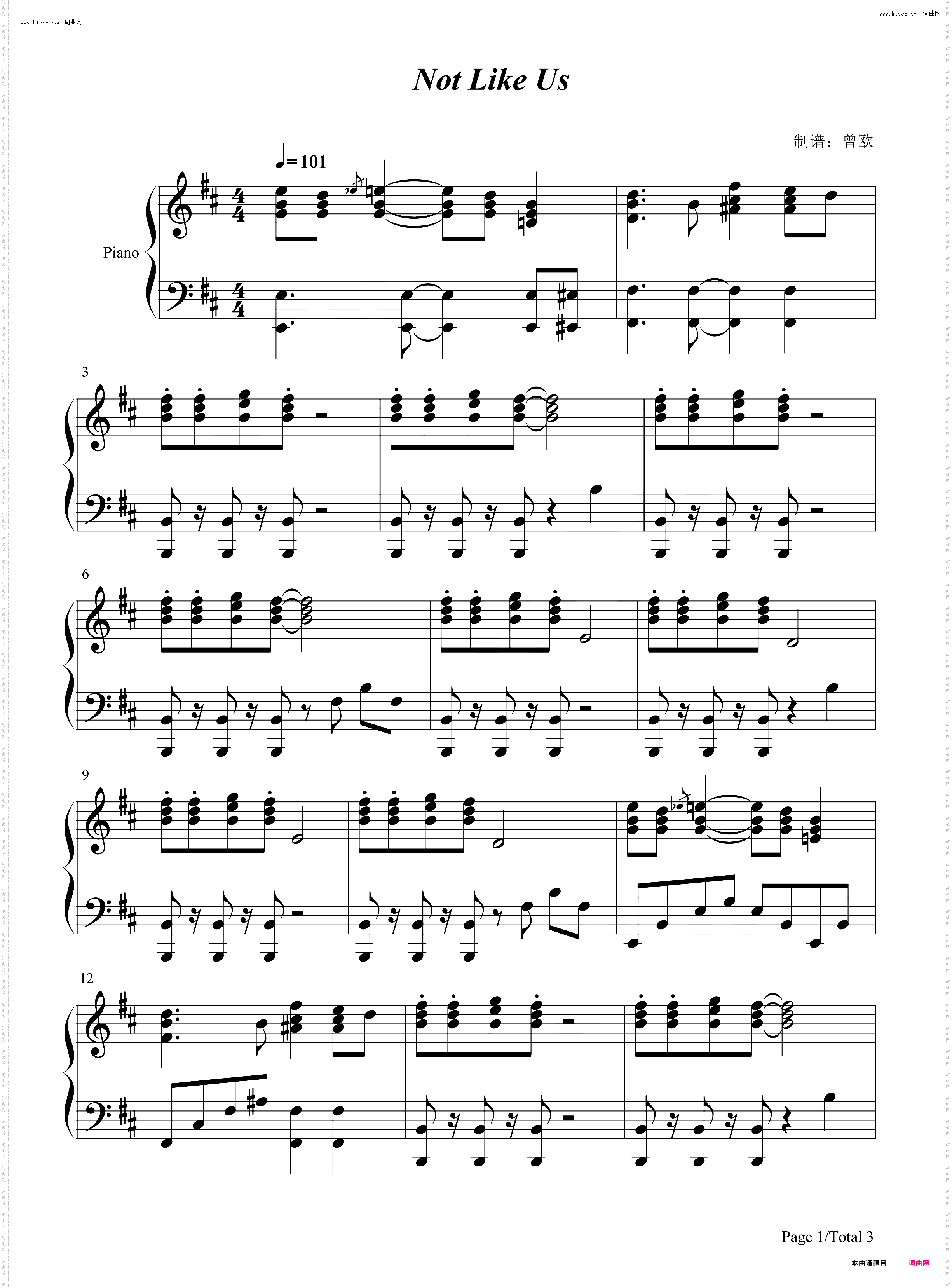 Not Like Us_钢琴简谱线谱