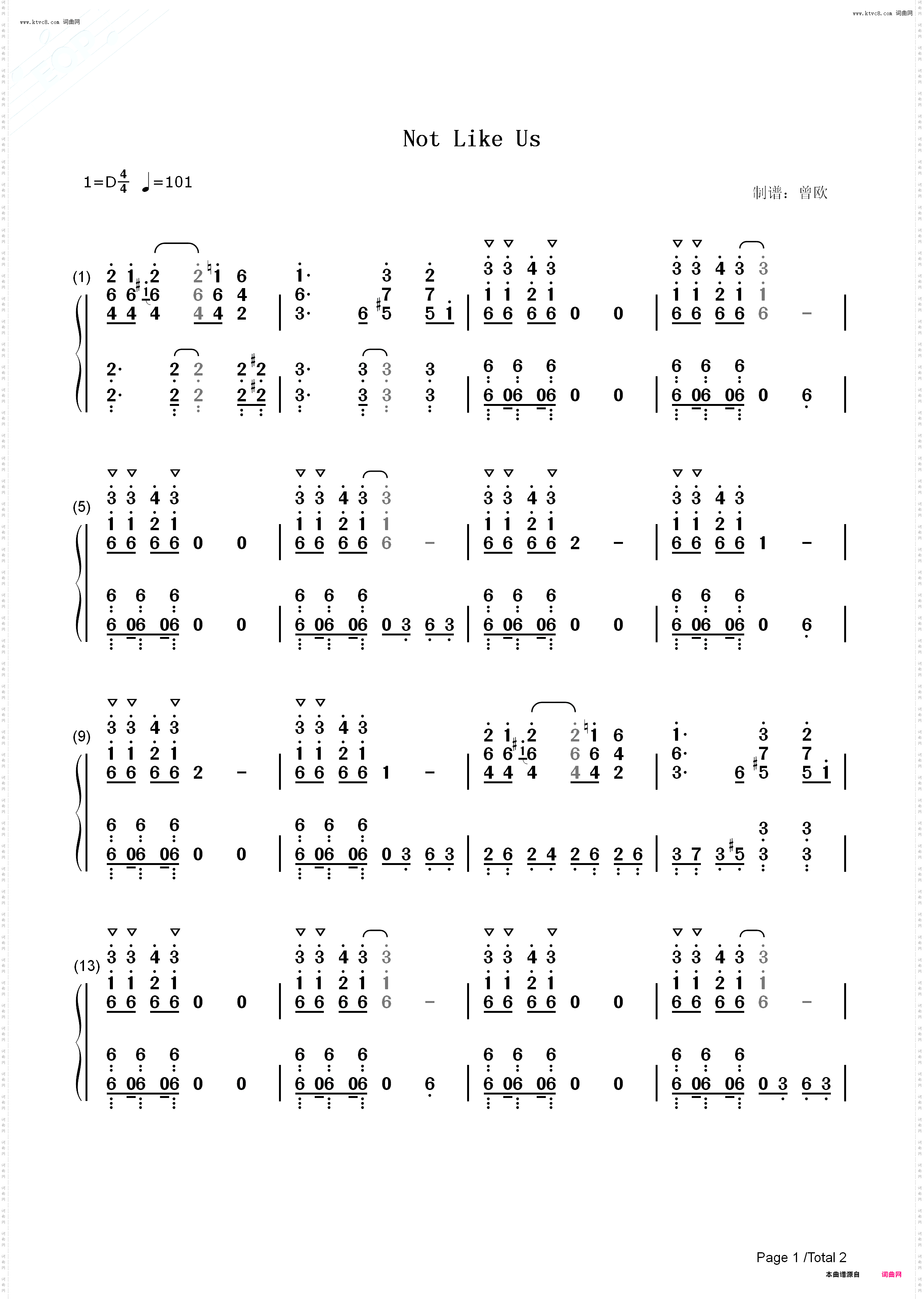 Not Like Us_钢琴简谱线谱