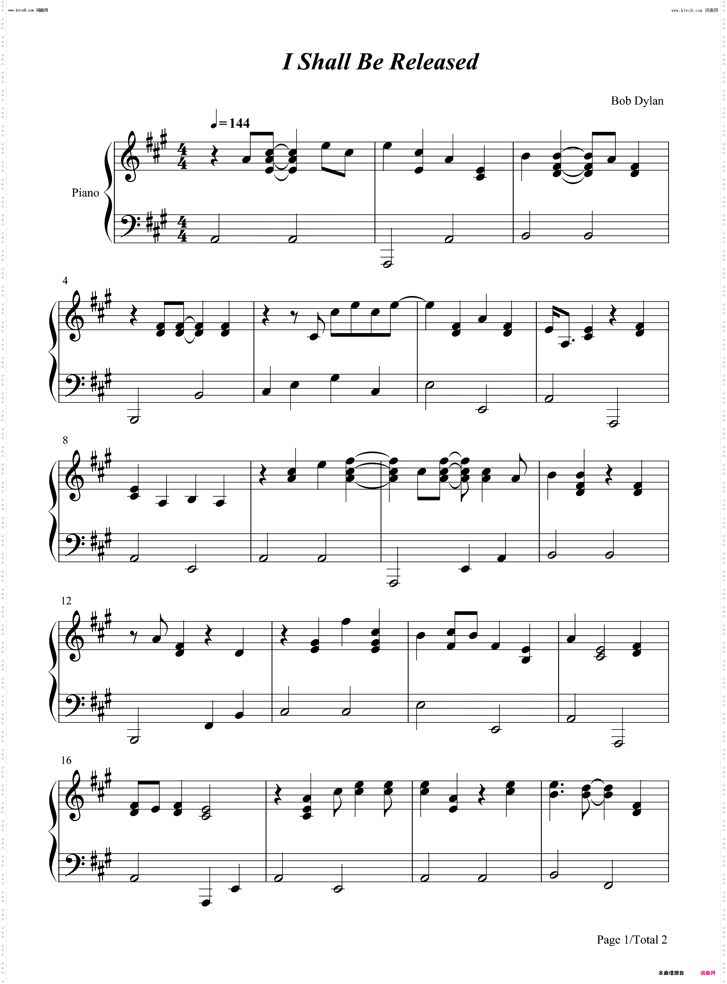 I Shall Be Released_钢琴简谱线谱