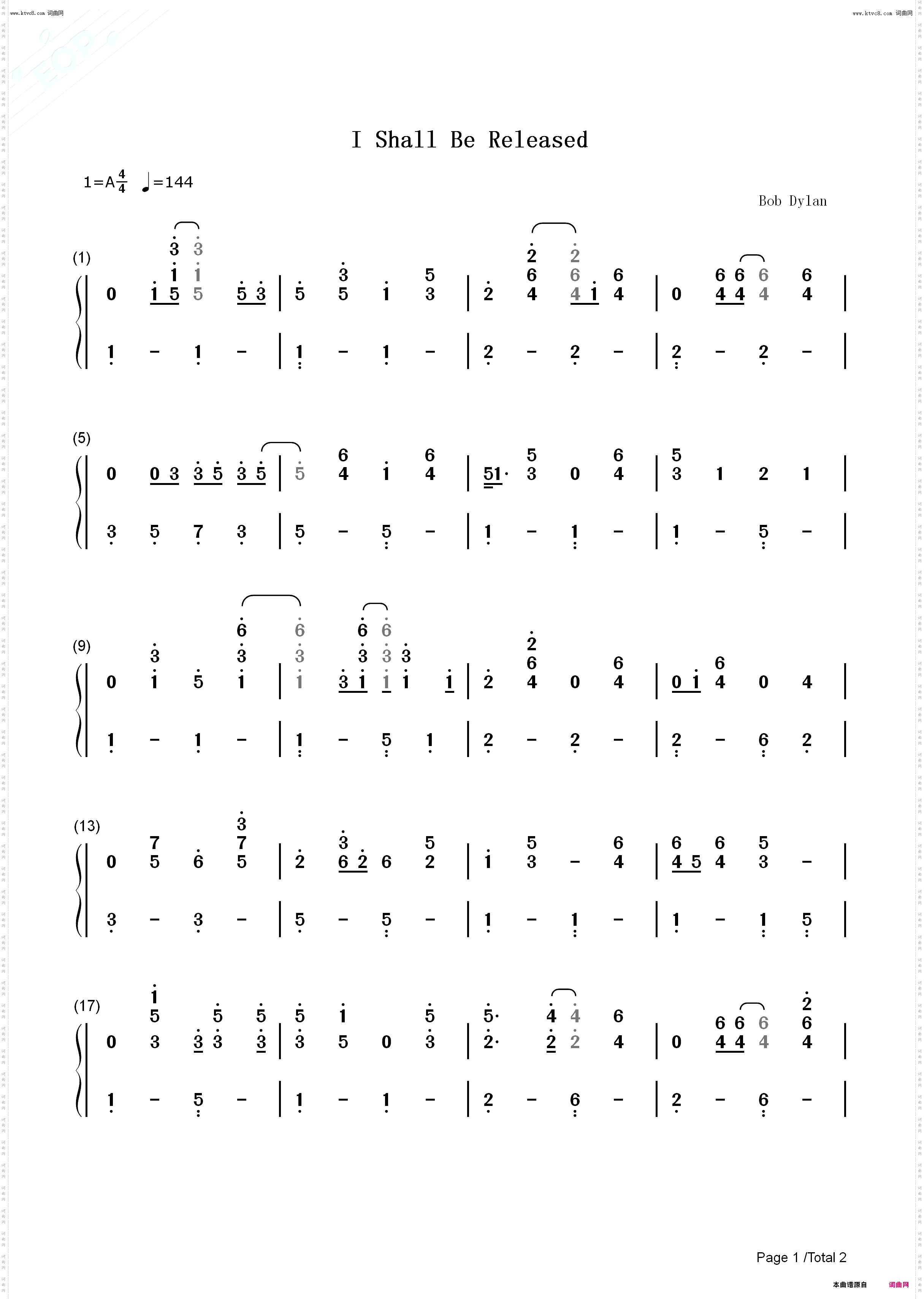 I Shall Be Released_钢琴简谱线谱