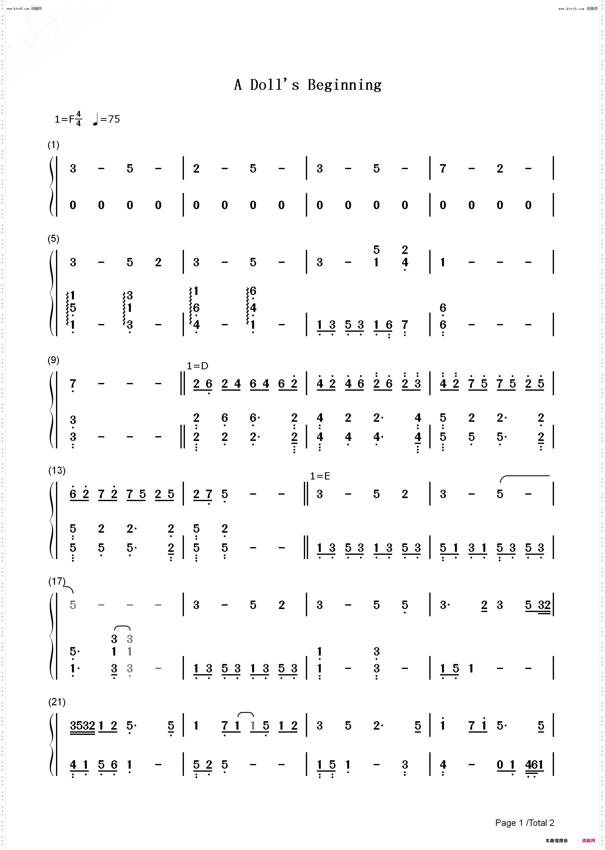 A Dolls Beginning_紫罗兰永恒花园插曲钢琴简谱线谱