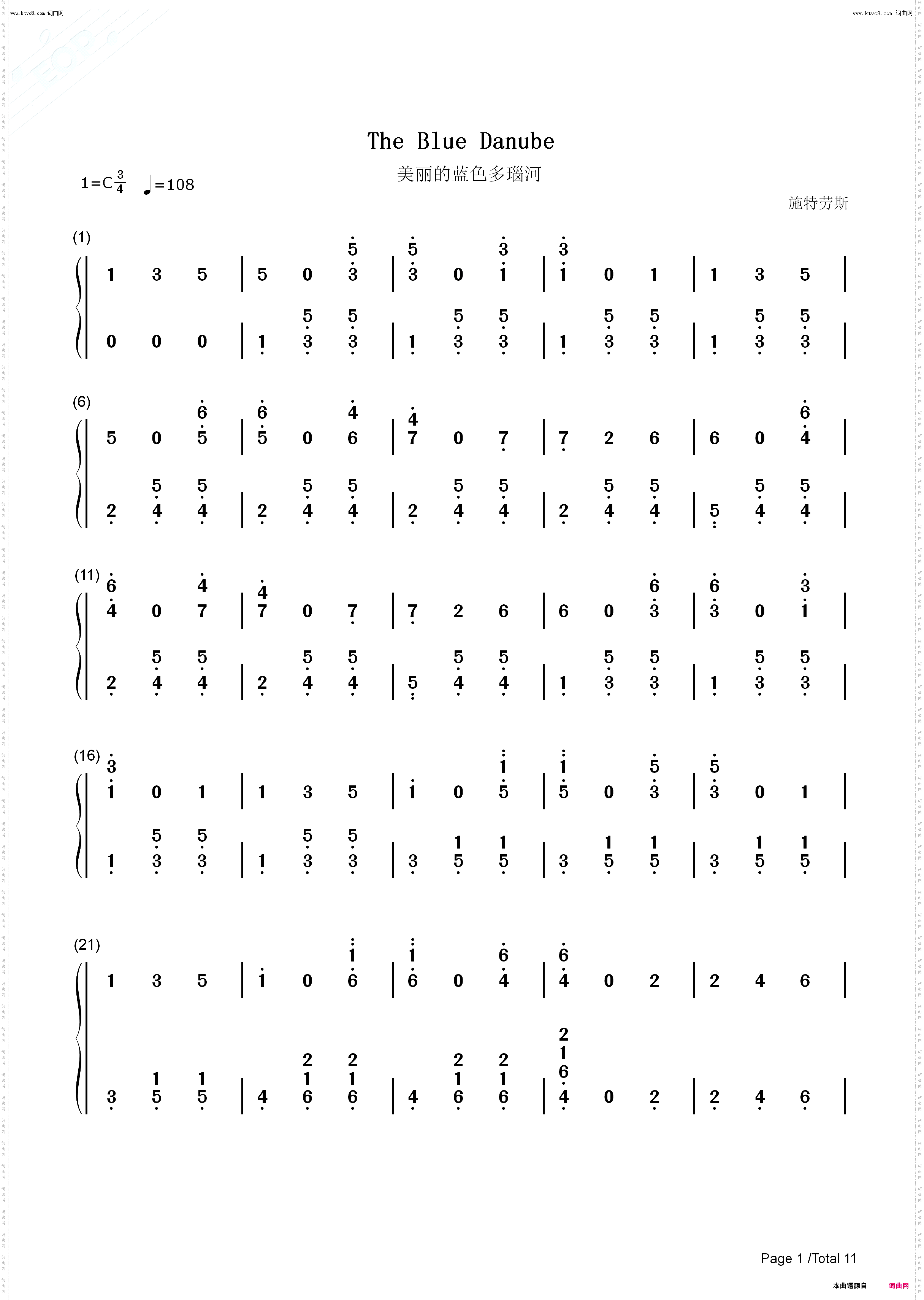 蓝色多瑙河-The Blue Danube_钢琴简谱线谱钢琴简谱线谱