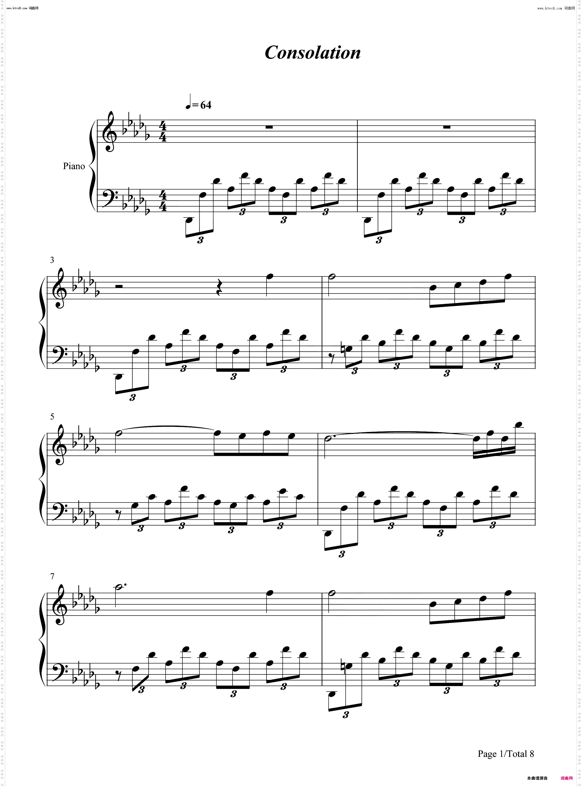 Consolation No 3 in D Flat Major S 172-安慰曲_钢琴简谱线谱