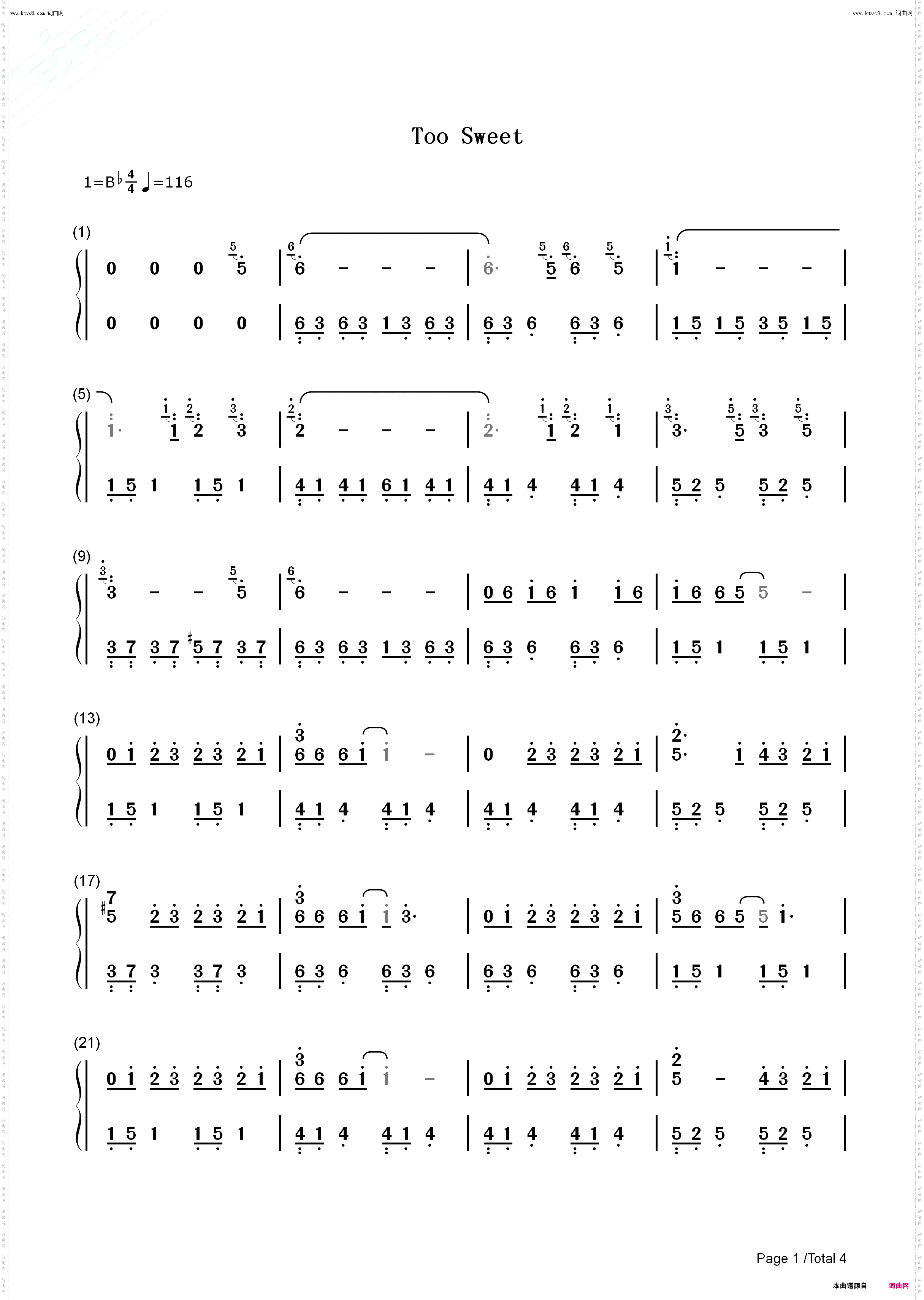 Too Sweet_钢琴简谱线谱
