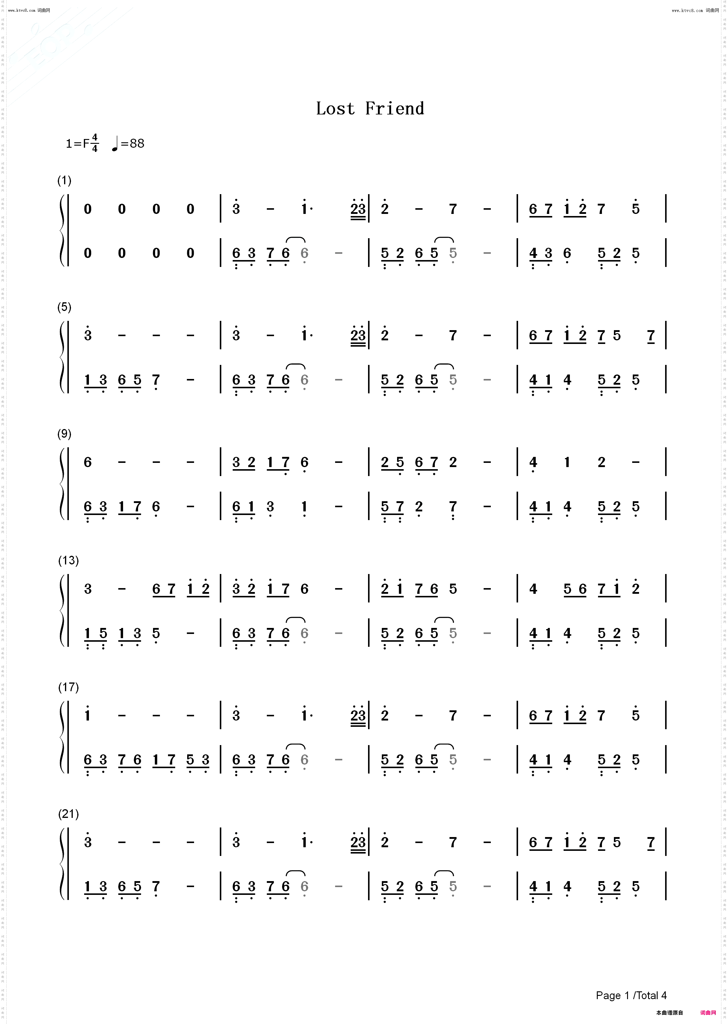 Lost Friend-最后流亡‐银翼少女法姆_钢琴五线谱及简谱