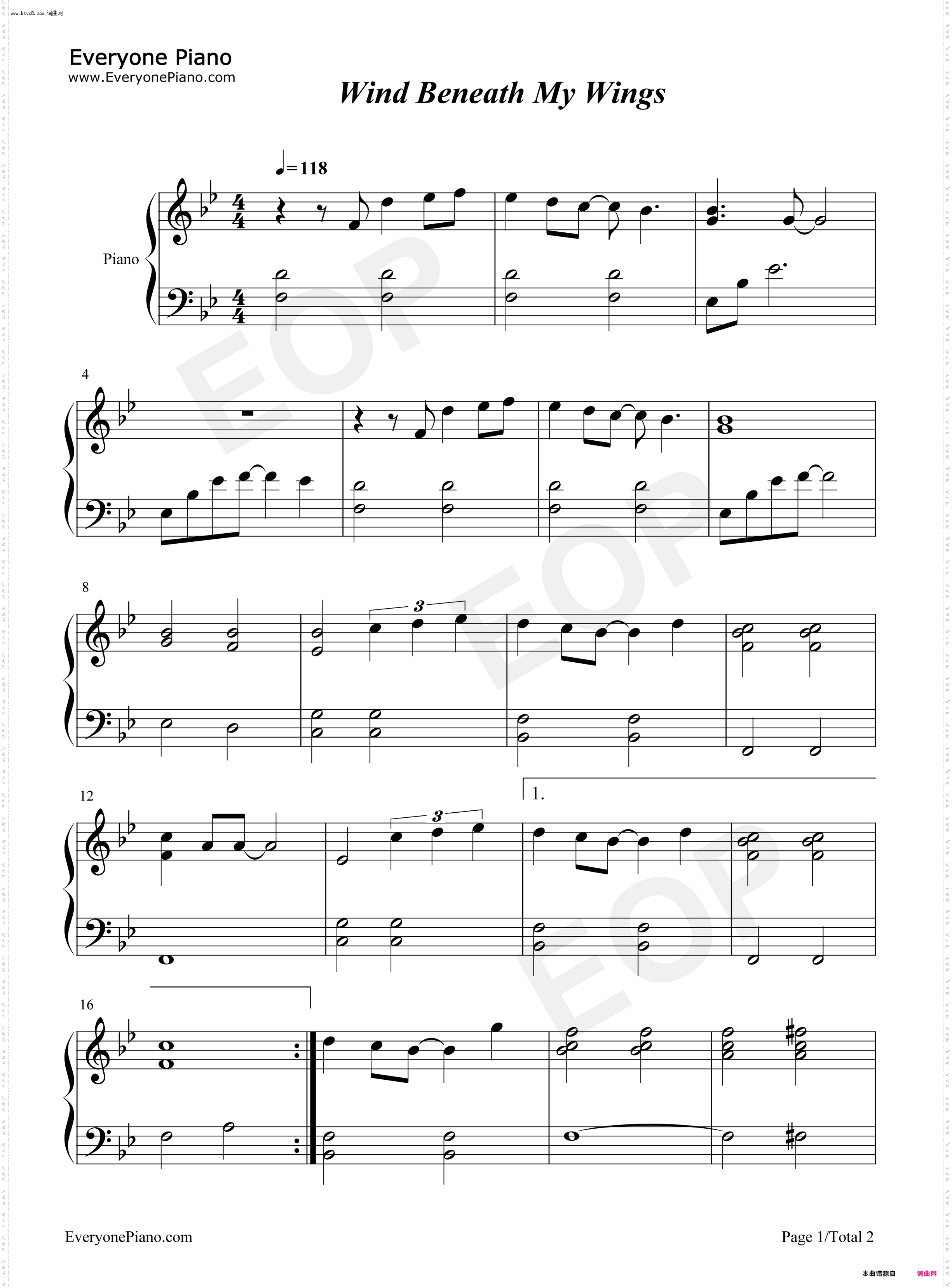Wind Beneath My Wings_Beaches主题曲钢琴五线谱及简谱