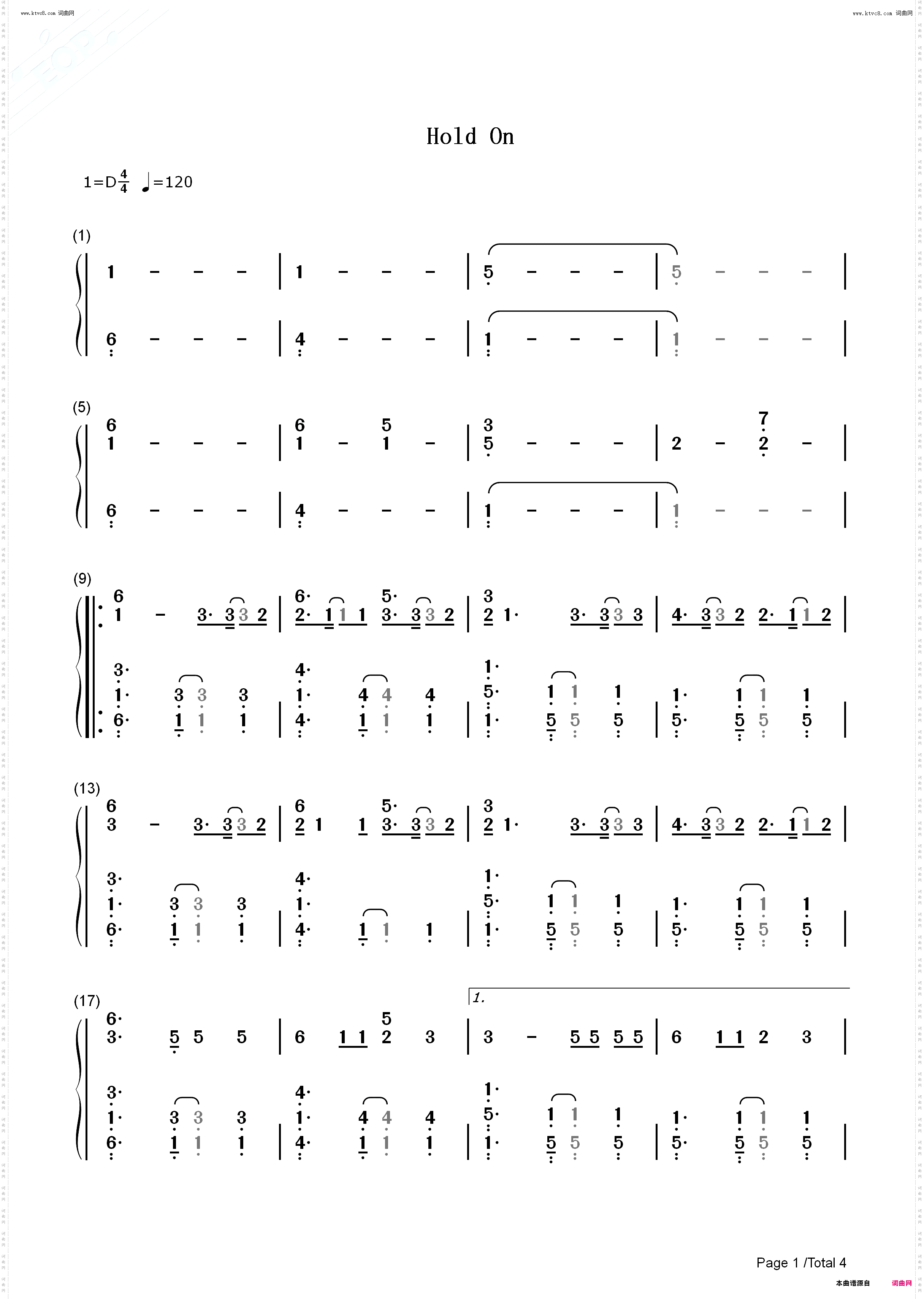 Hold On_吸血鬼日记第八季插曲钢琴五线谱及简谱