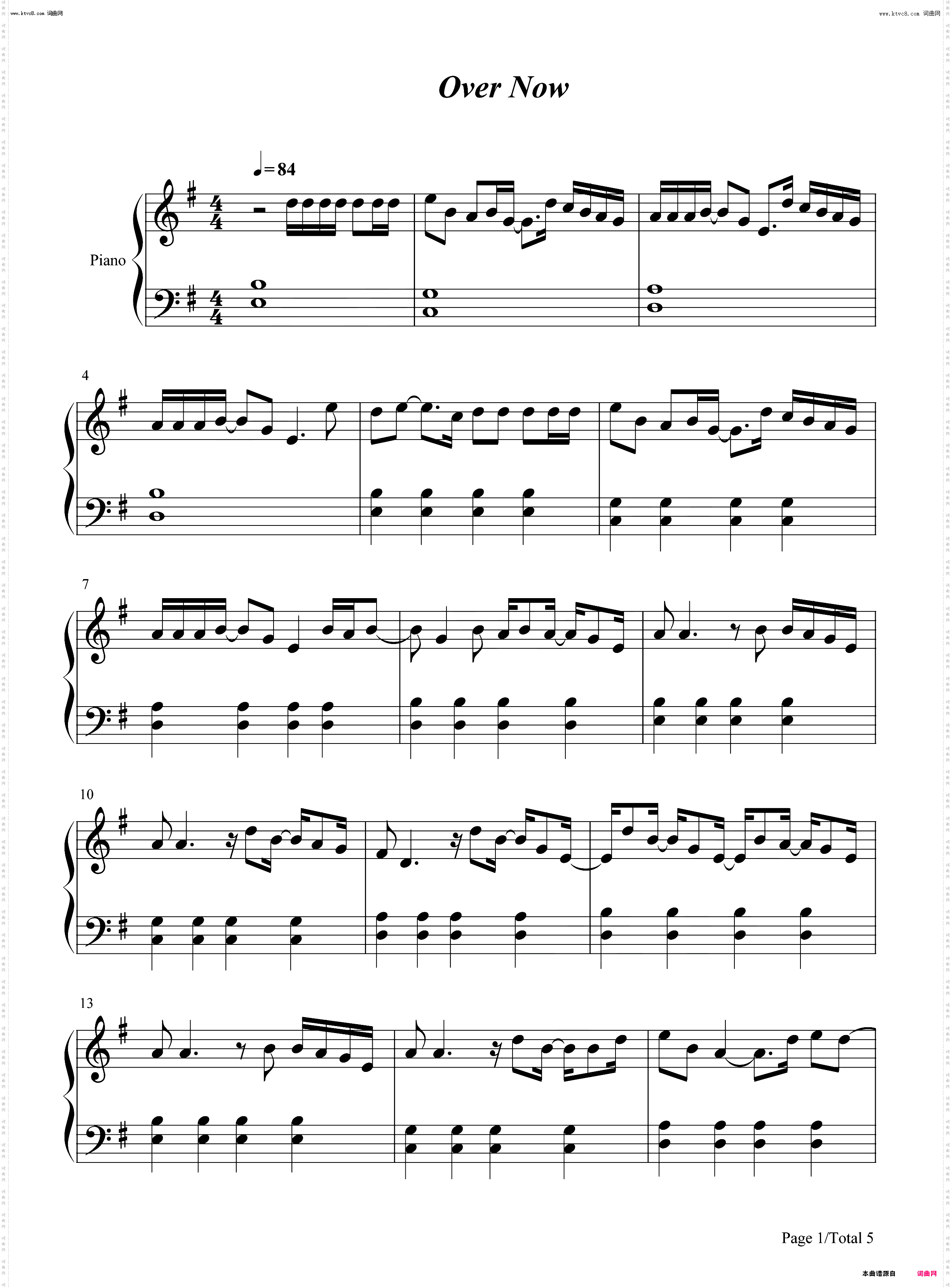 Over Now_钢琴五线谱及简谱