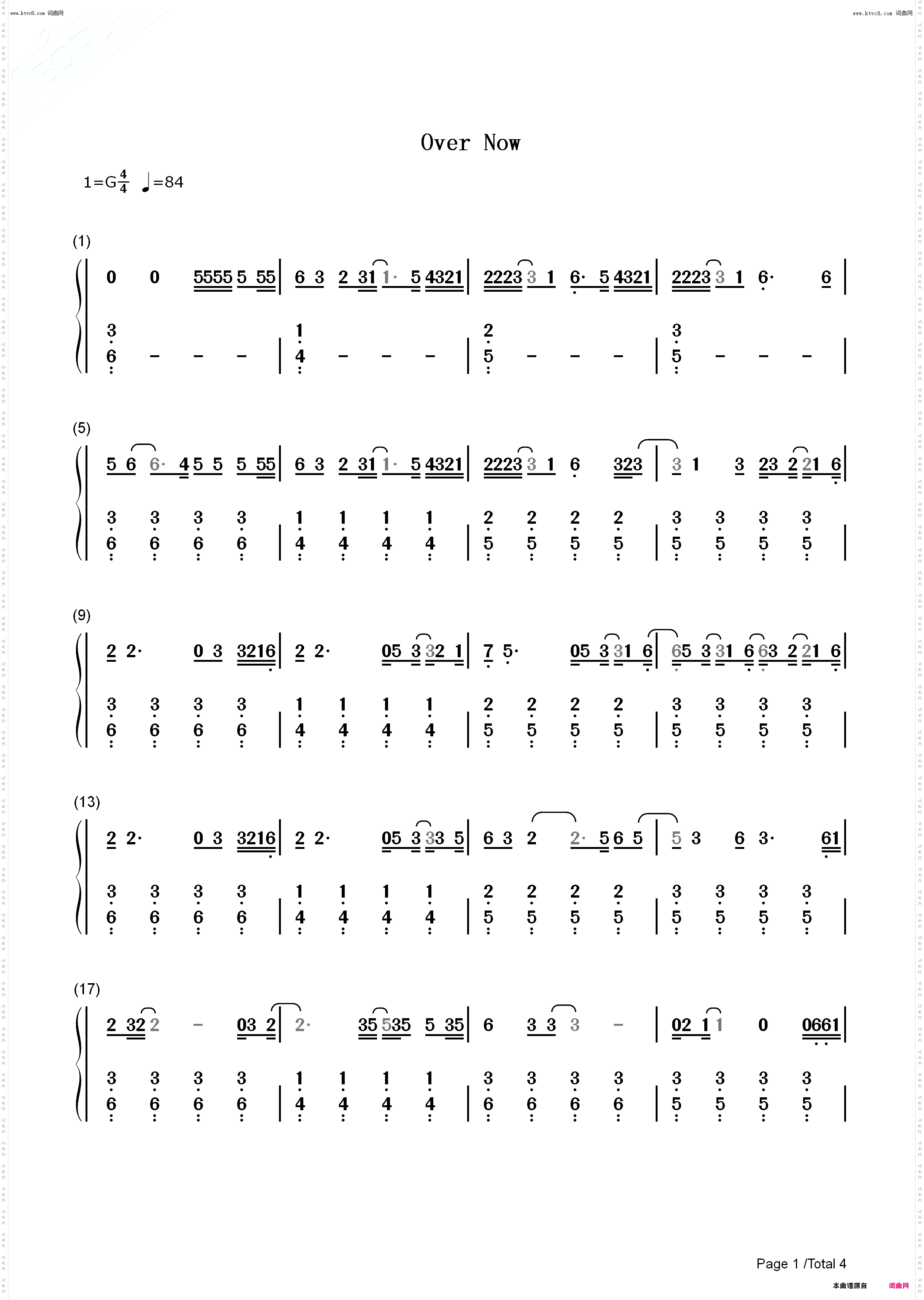 Over Now_钢琴五线谱及简谱