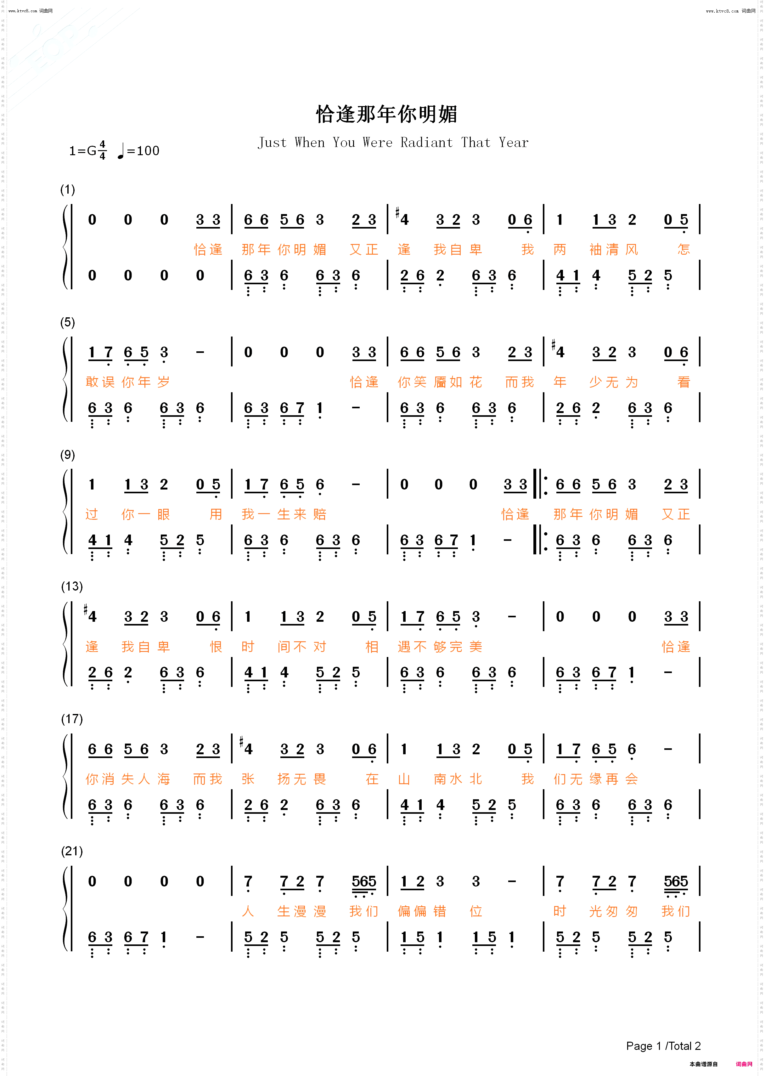 恰逢那年你明媚-又正逢我自卑_钢琴五线谱及简谱