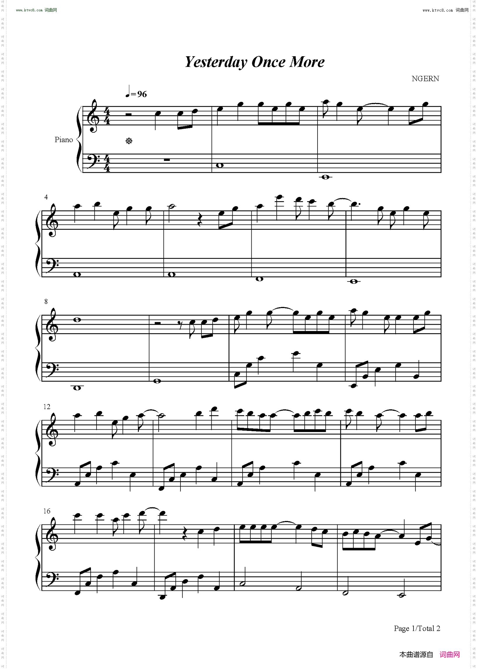 昨日重现_C调简单版-Yesterday Once More