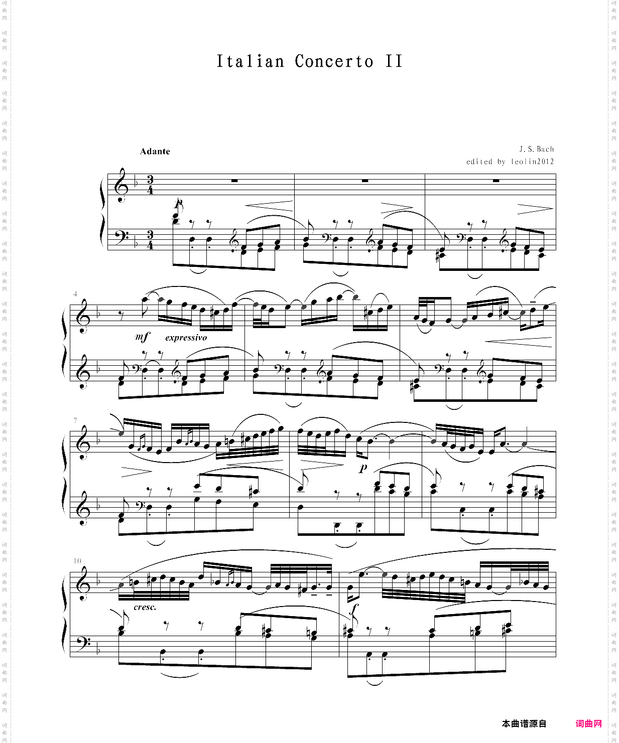 巴赫-bwv971第二乐章，f大调意大利协奏曲