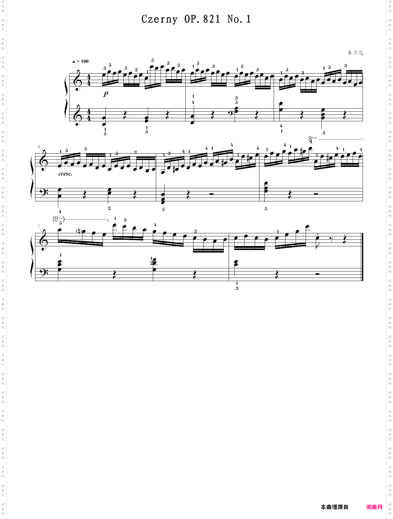 车尔尼160首八小节钢琴练习曲作品821 第一首