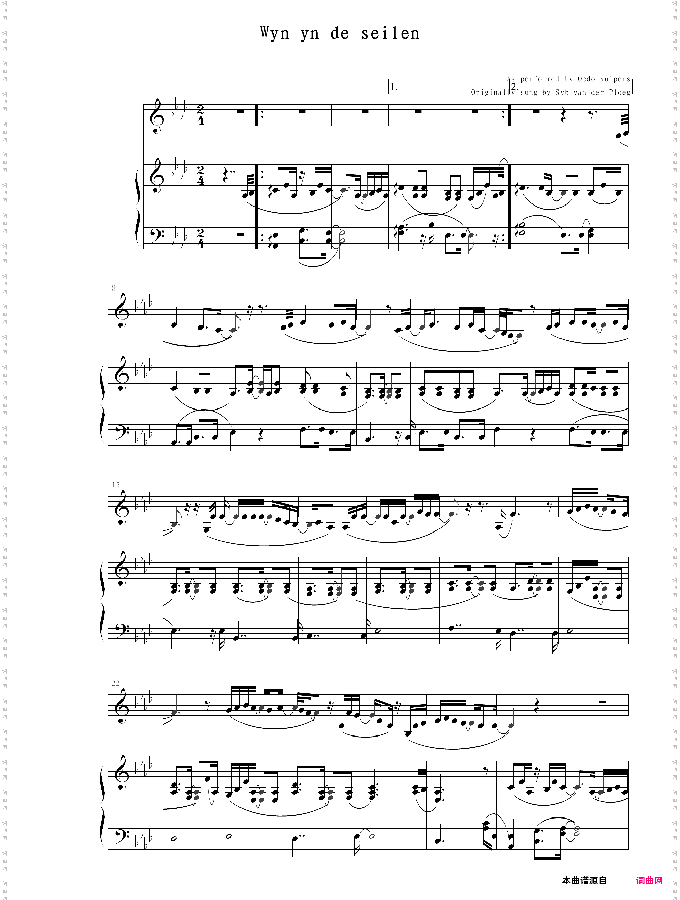 wyn yn de seilen vocal+piano accompaniment