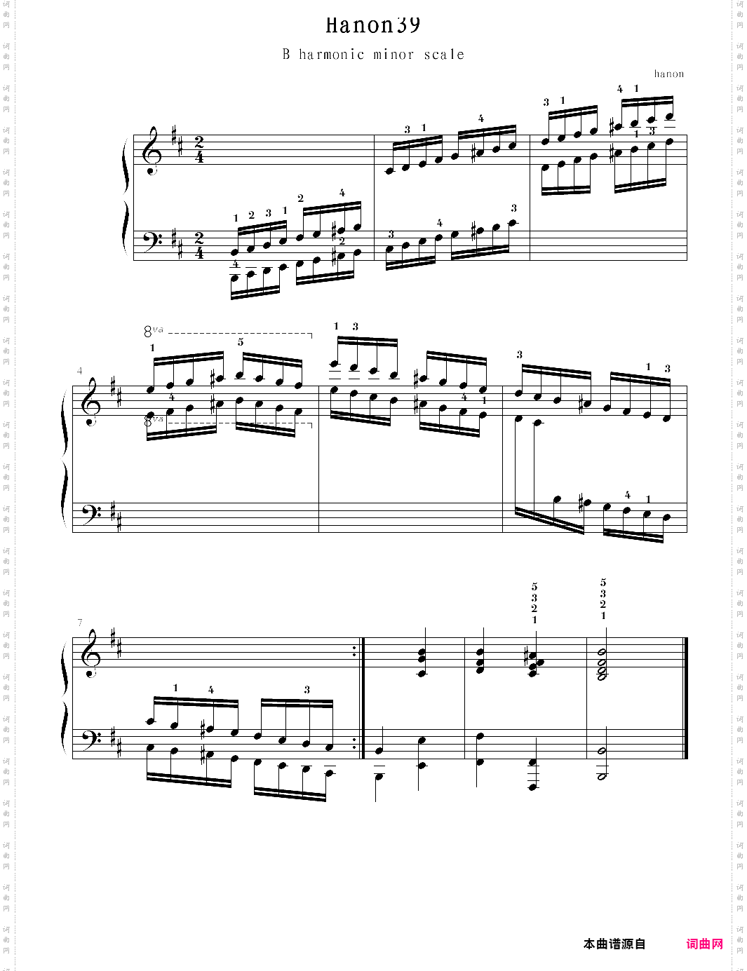 hanon39:b harmonic minor scale