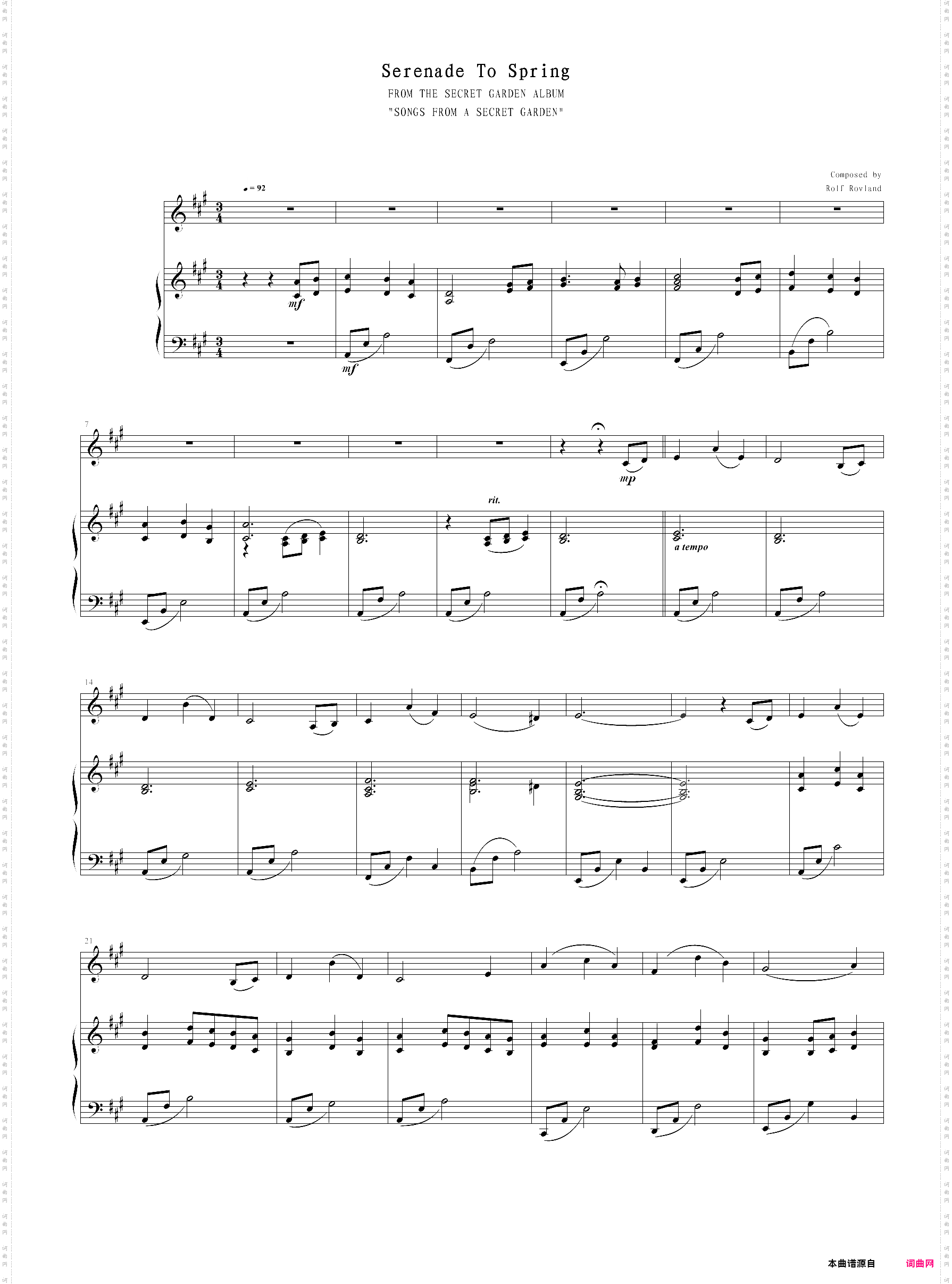 《神秘园之歌》钢琴谱全集06 serenade to spring