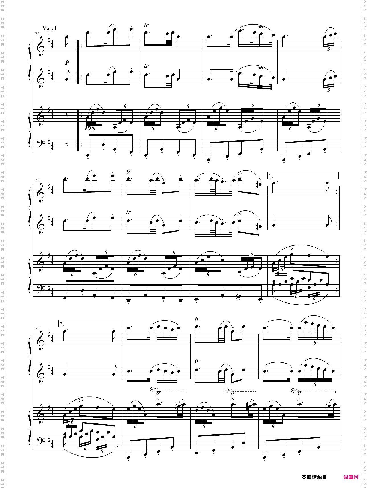 a大调弦乐五重奏“鳟鱼”第四乐章两架钢琴谱