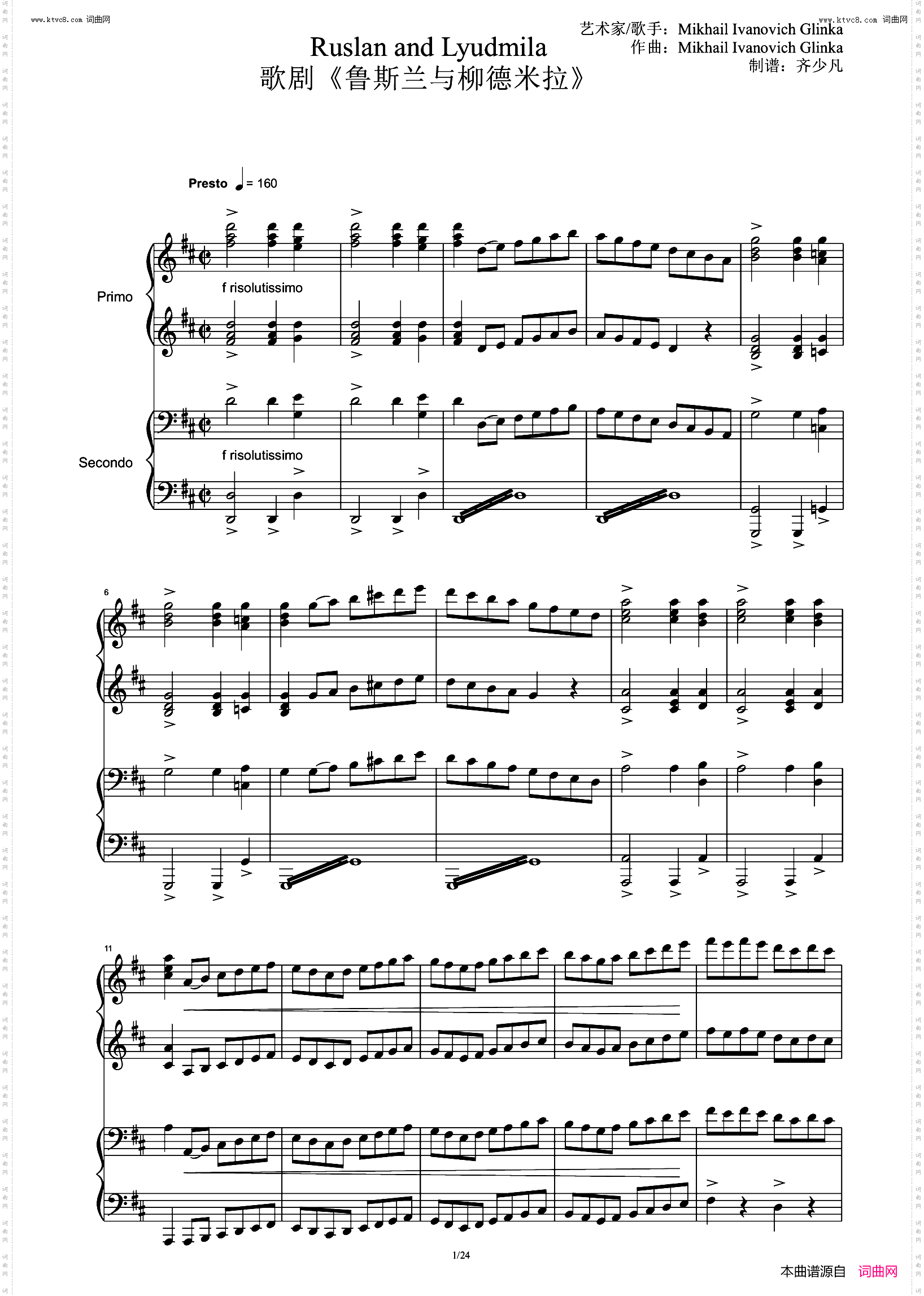 鲁斯兰与柳德米拉-序曲 Ruslan and Lyudmila Overture_四手联弹