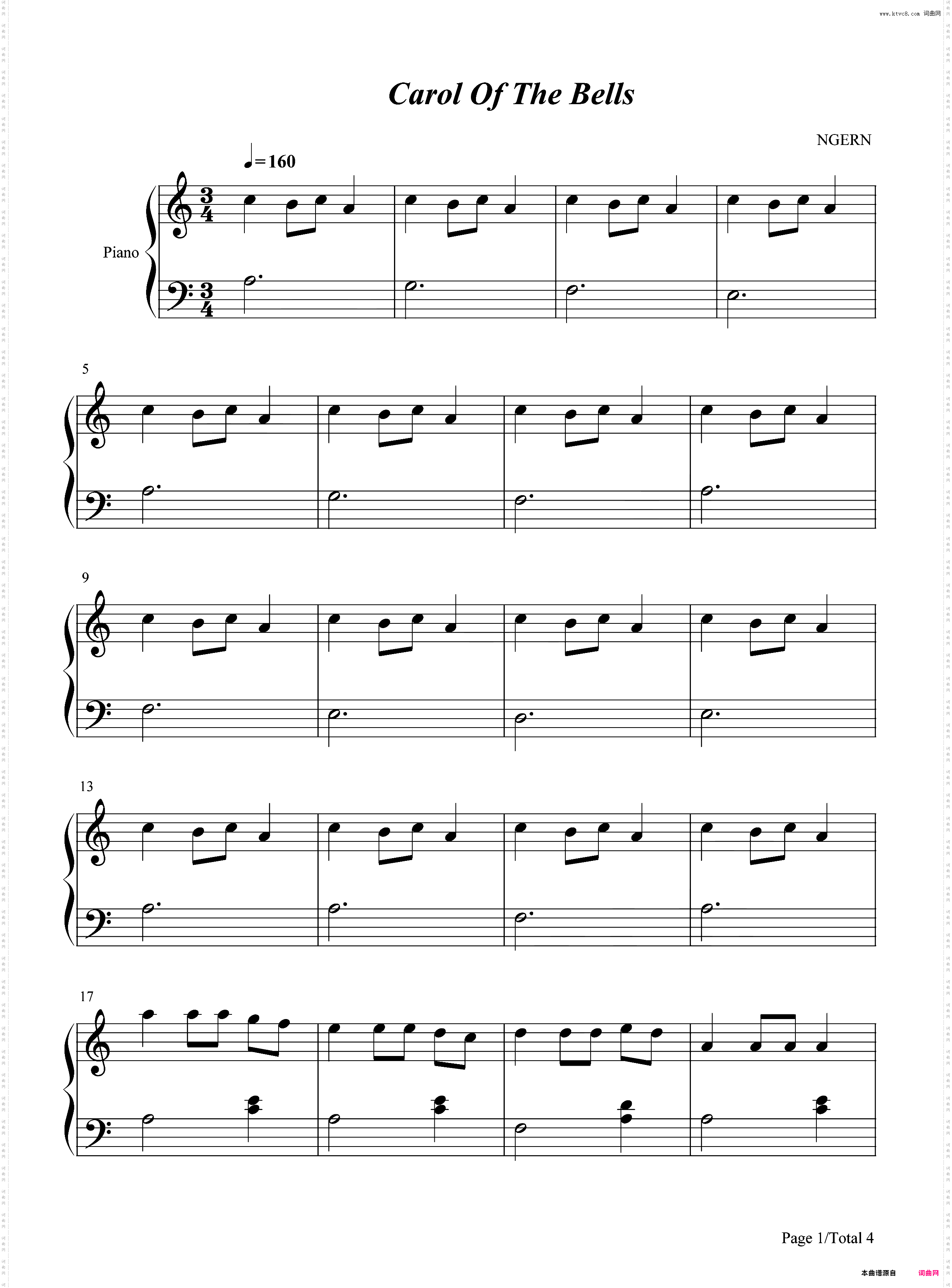 Carol Of The Bells-C调简单版-卡罗尔的钟声-圣诞颂歌