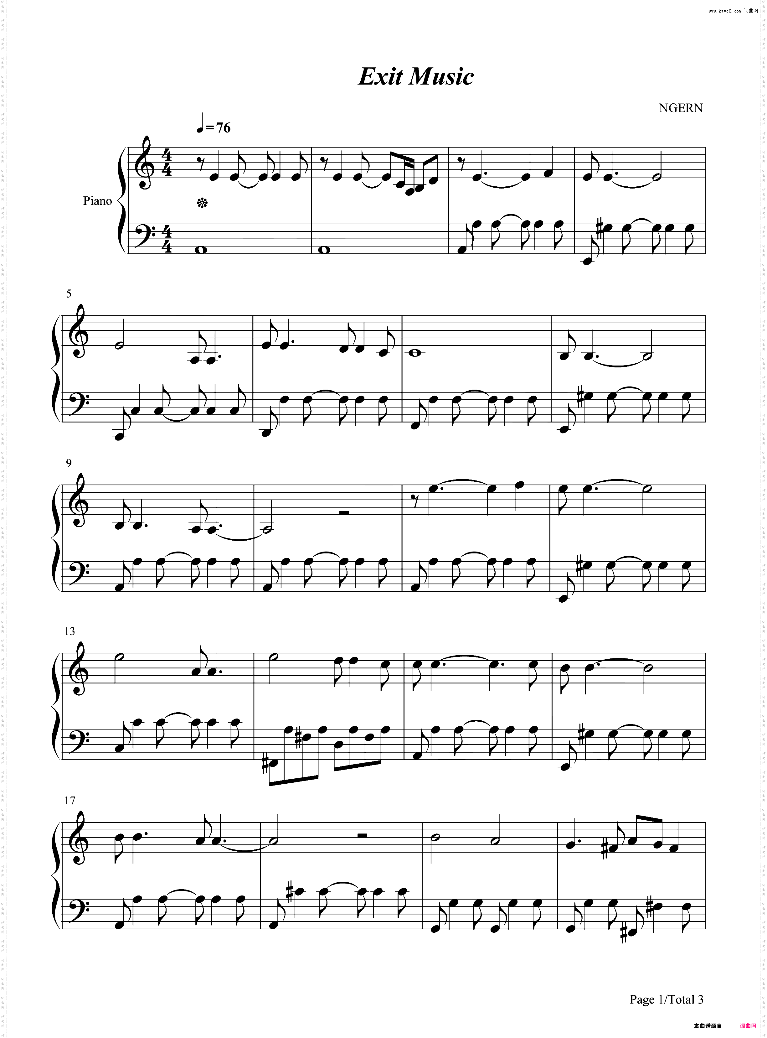 Exit Music-C调简单版-西部世界插曲