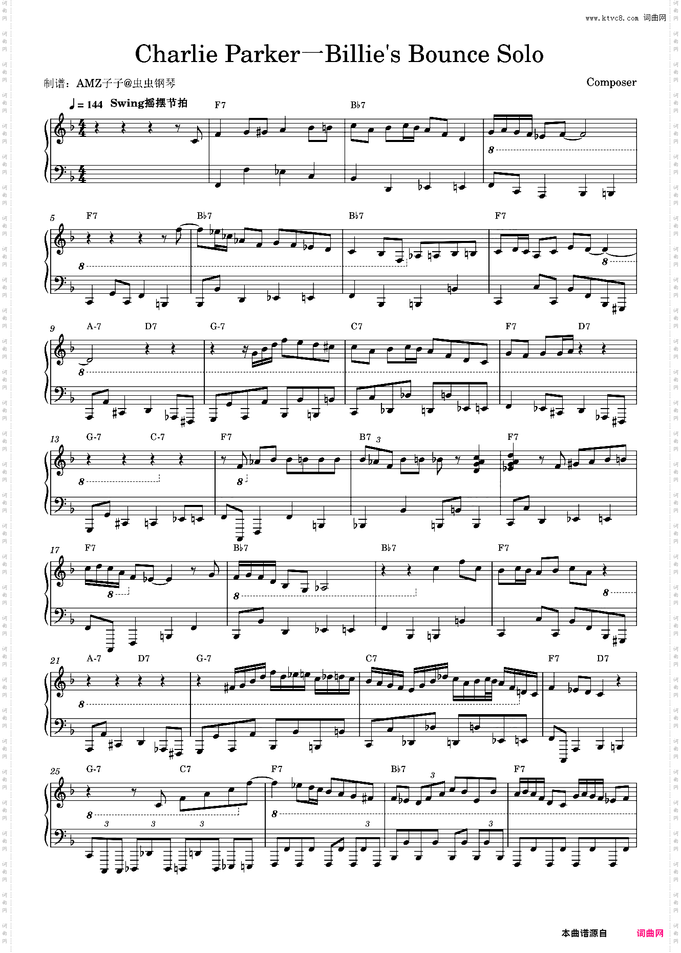 Charlie Parker billies's bounce solo_钢琴版