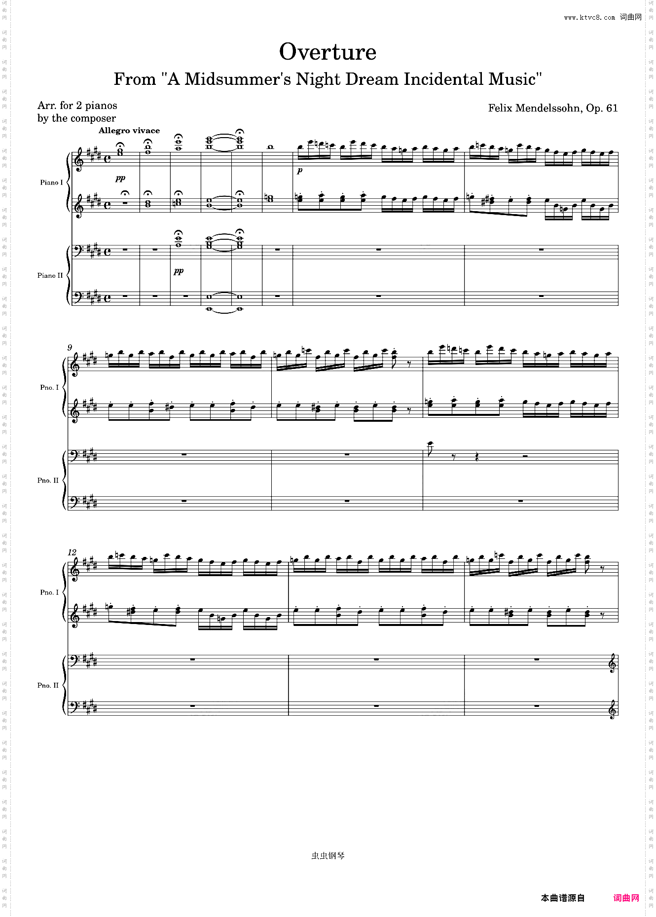 Mendelssohn Overture from A Midsummer's Night Dream Incidental Music, Op· 61, Arr· for 2 pianos