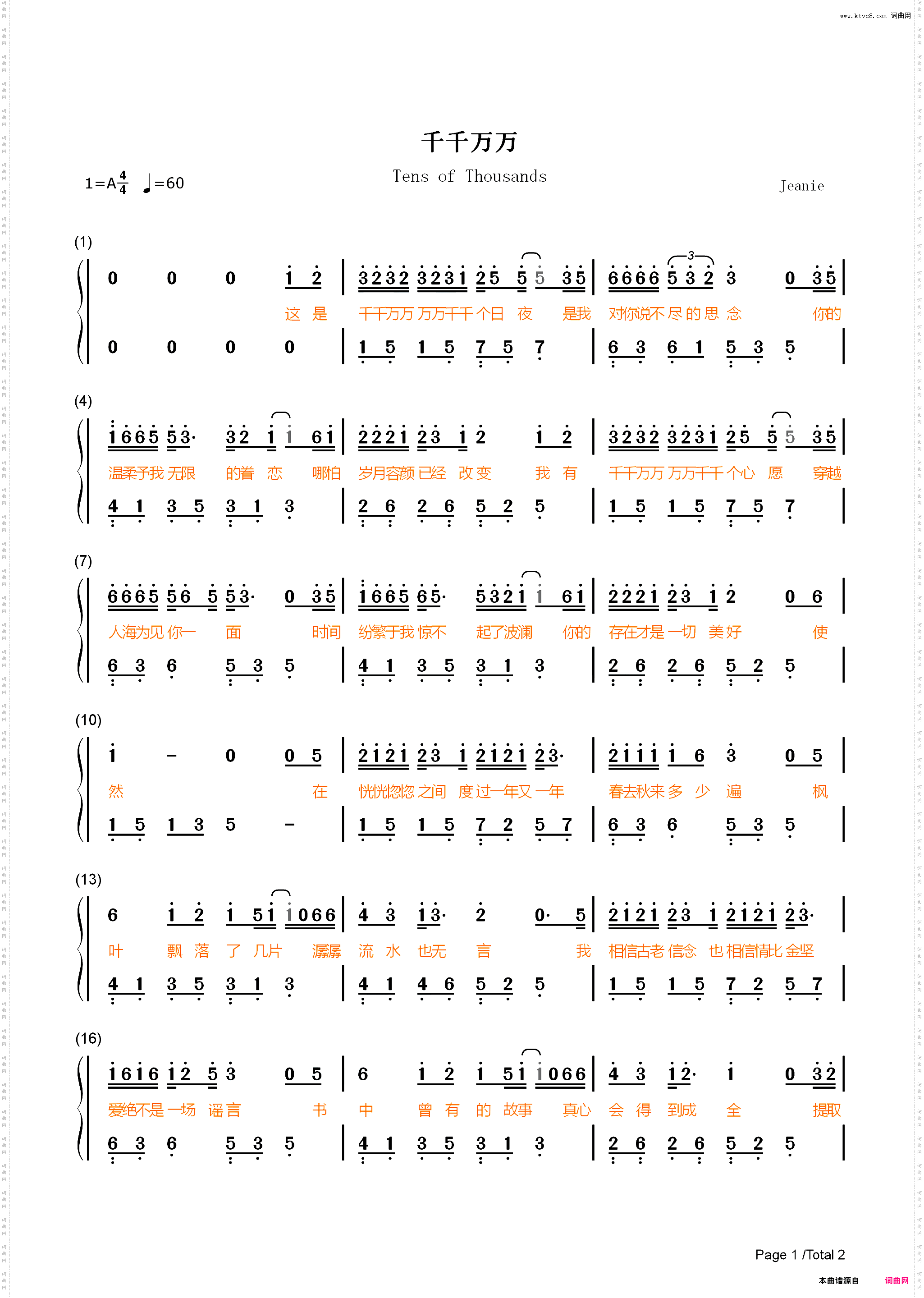 千千万万 五线谱 简谱