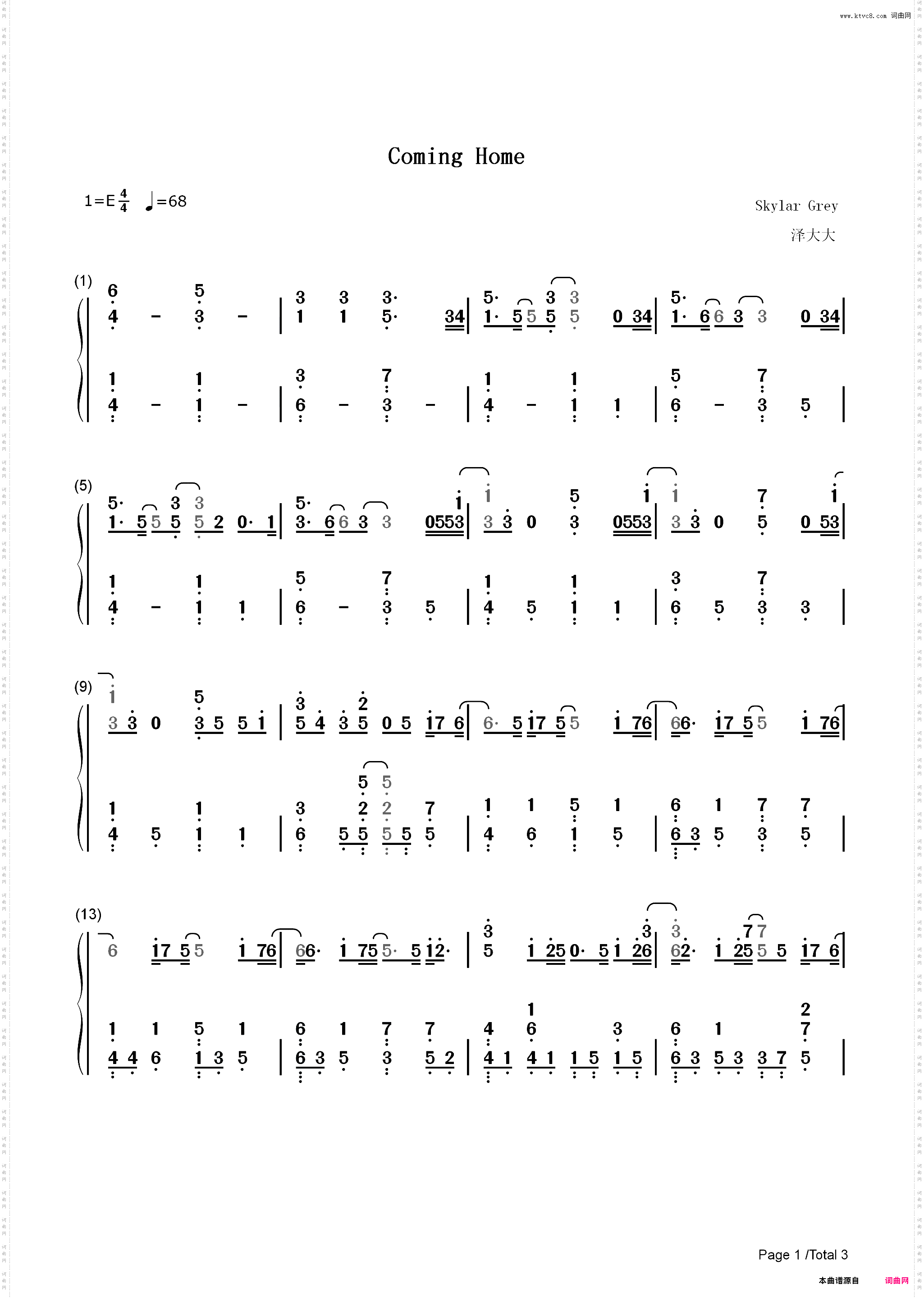 Coming Home-Skylar Grey_简谱版