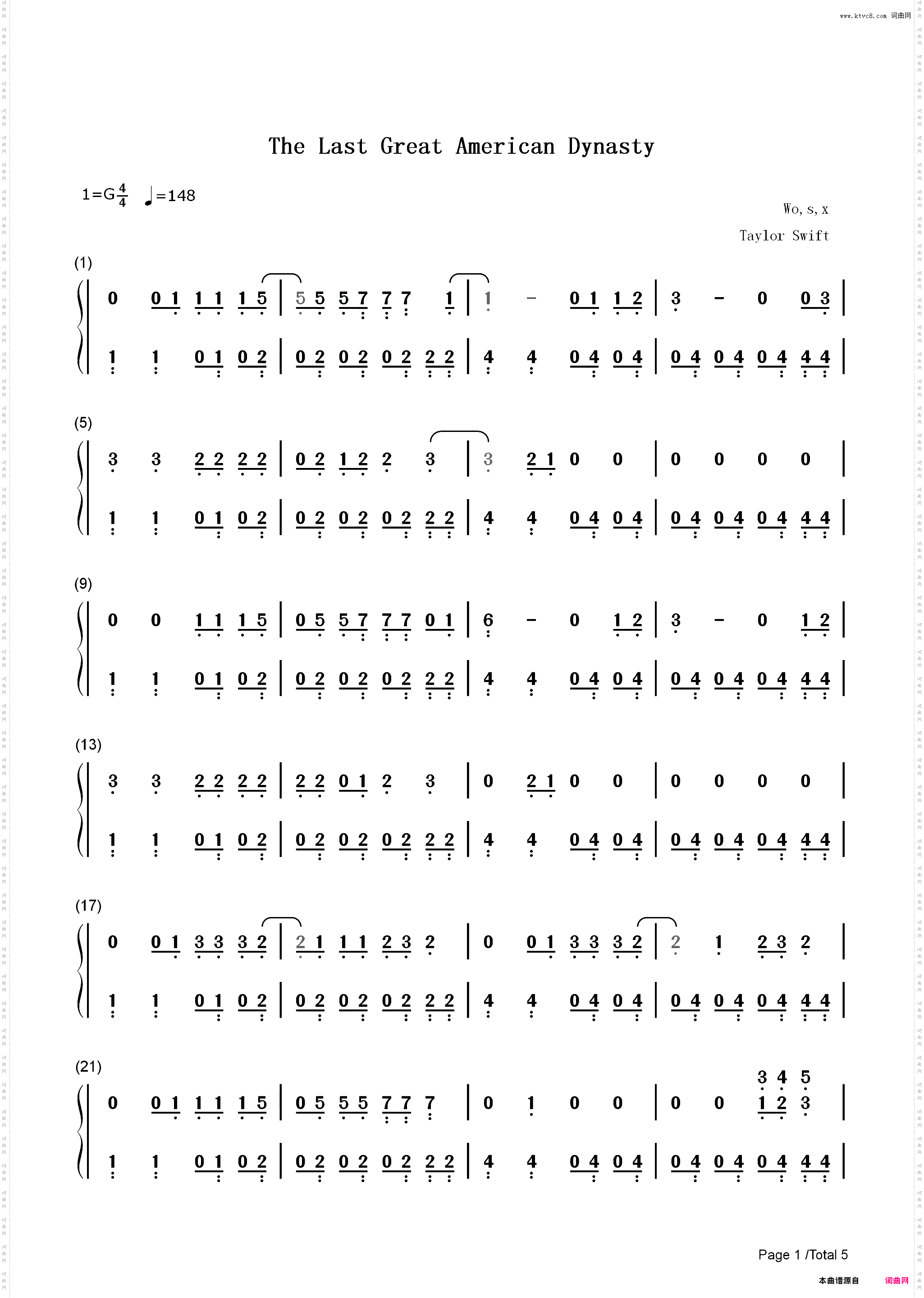 The Last Great American Dynasty-Taylor Swift_简谱版