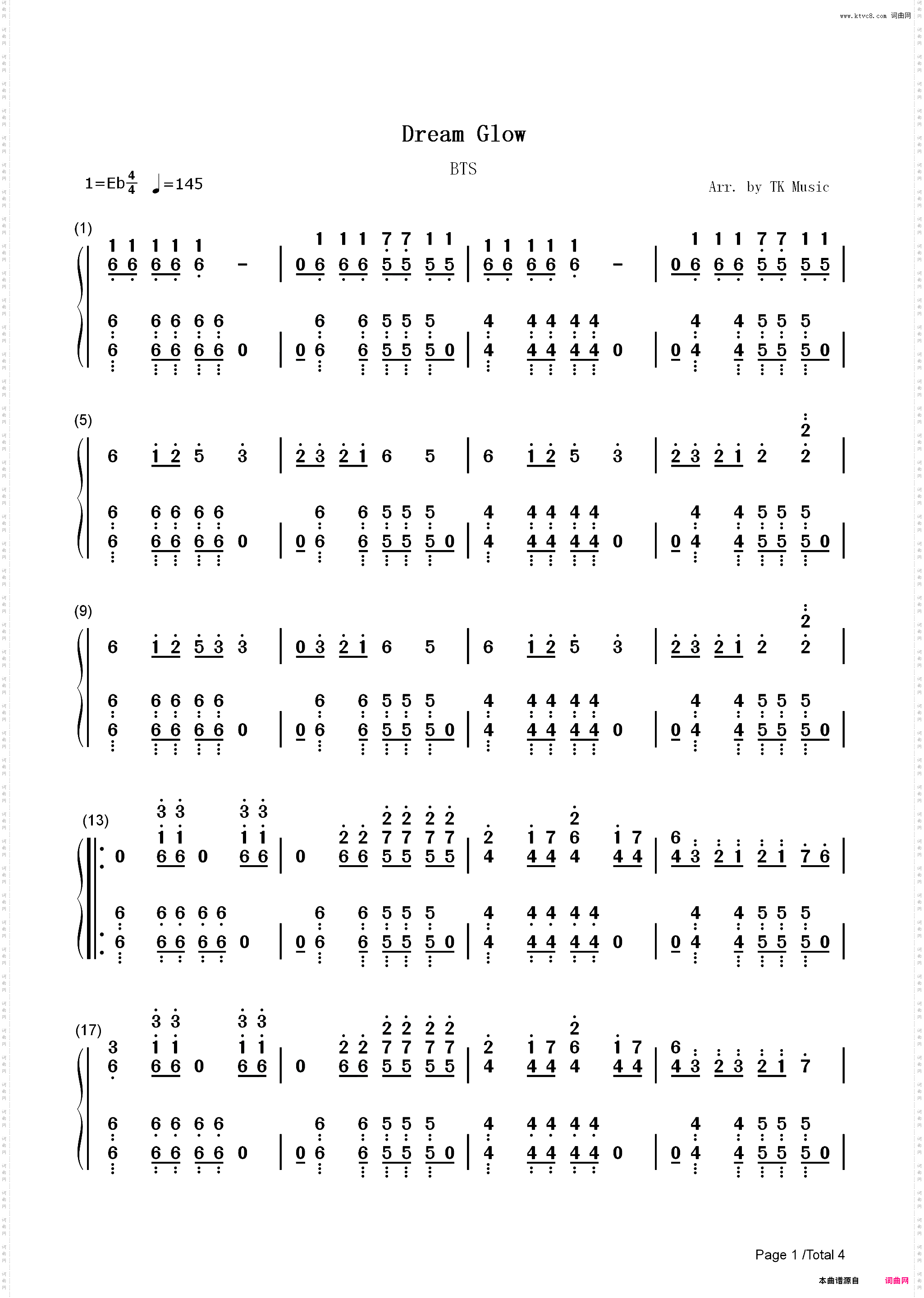 Dream Glow-防弹少年团和Charli XCX_简谱版