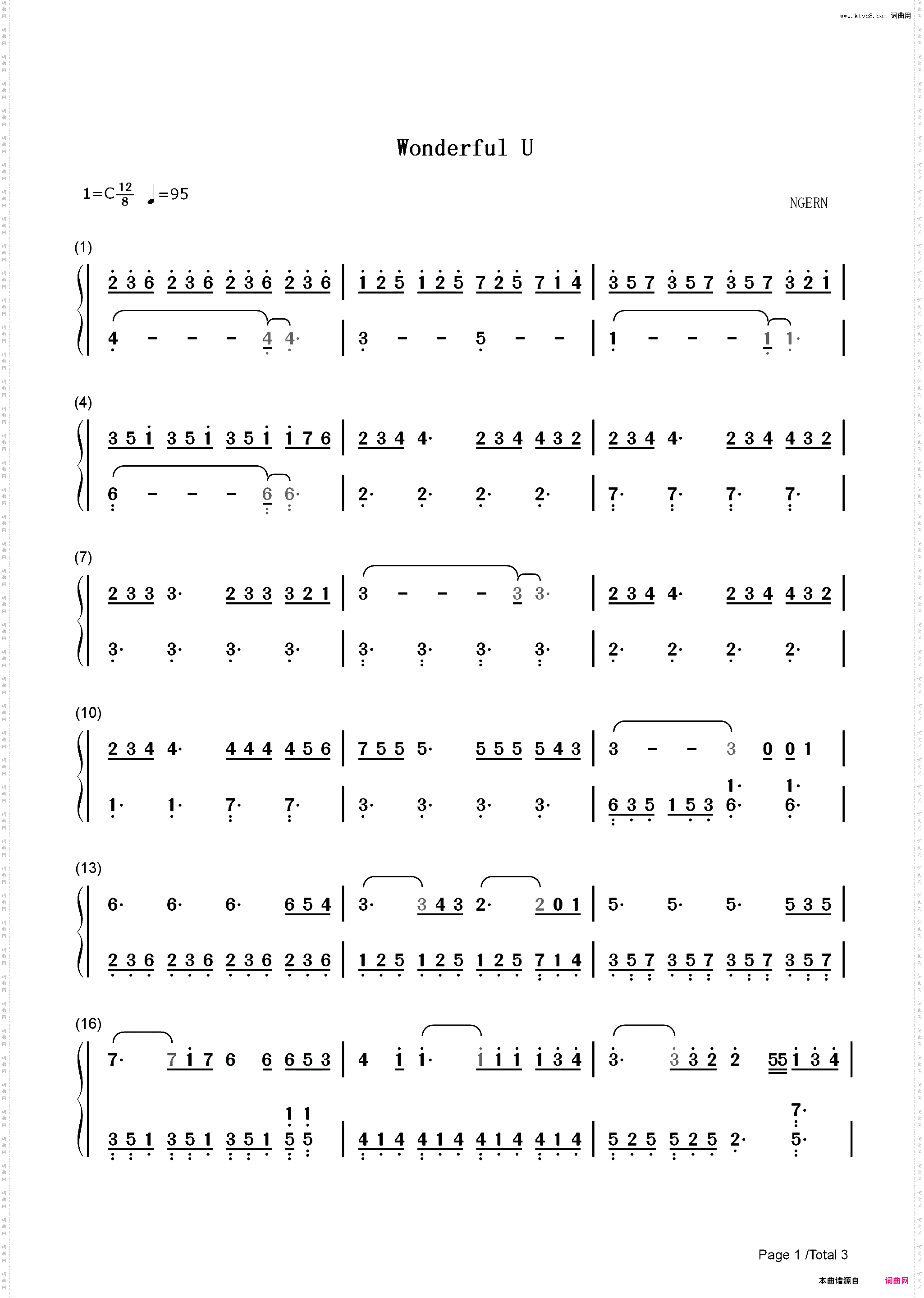 Wonderful U-C调简单版_简谱版