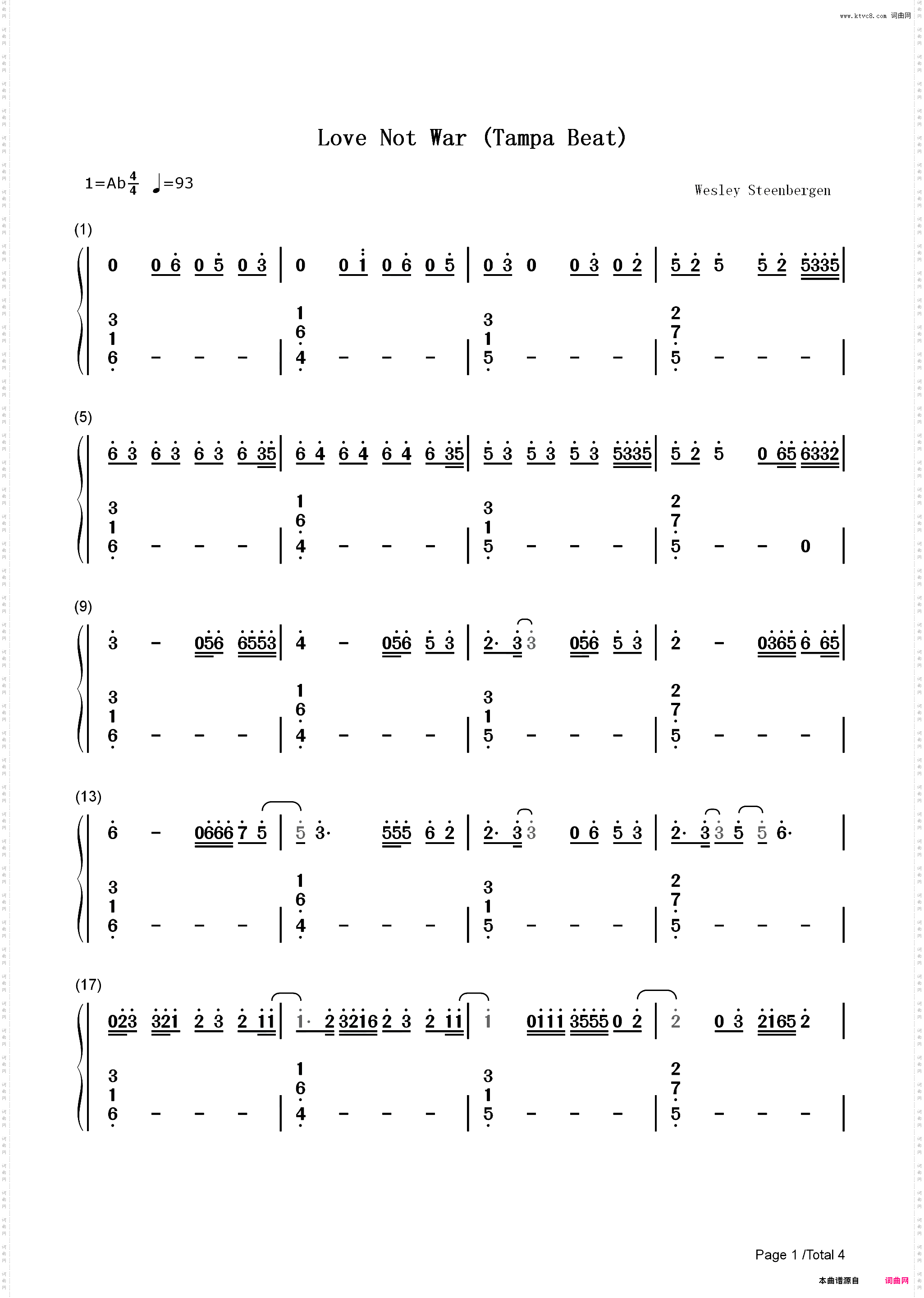 Love Not War The Tampa Beat-抖音热门背景音乐_简谱版