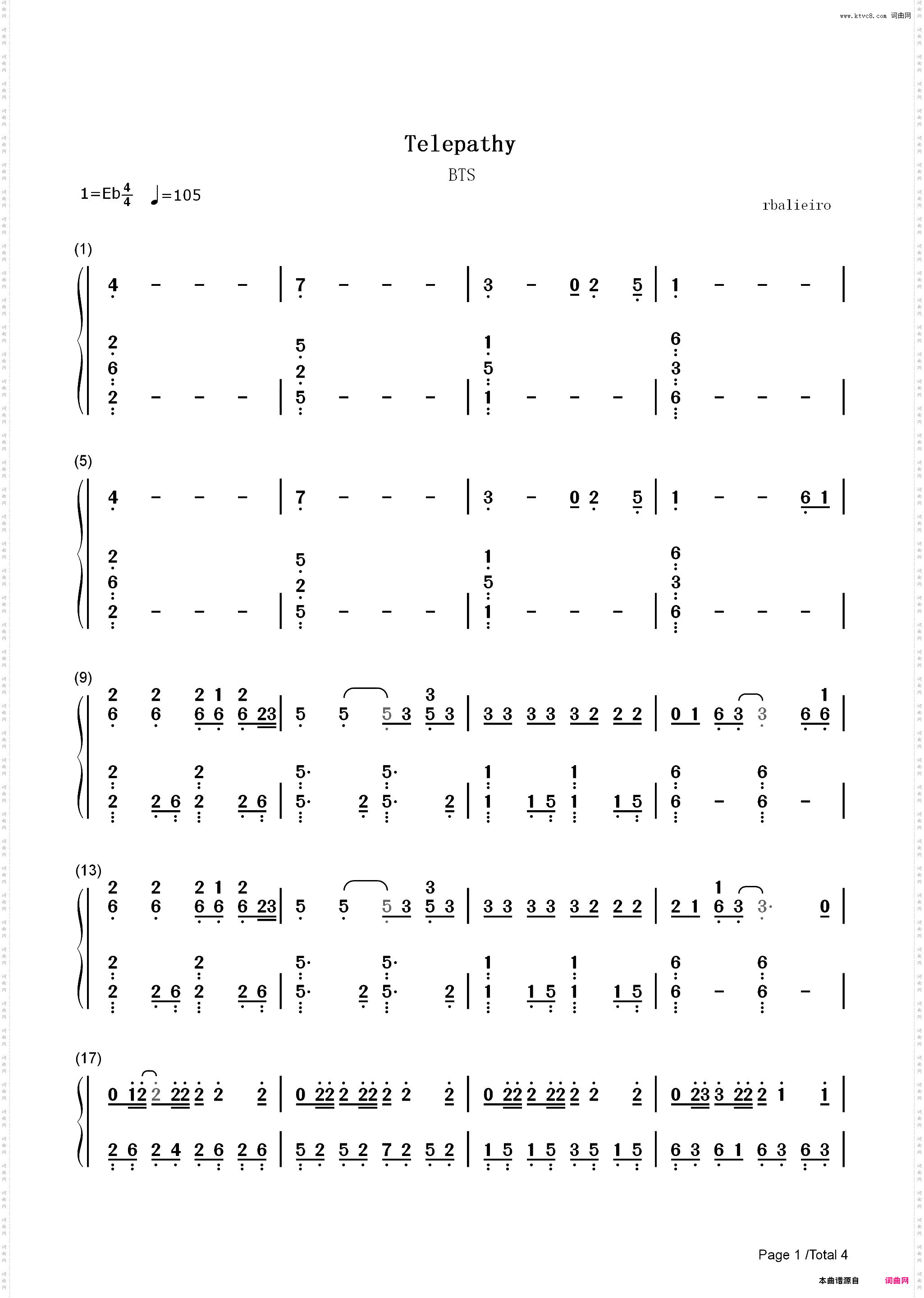 Telepathy-防弹少年团_简谱版