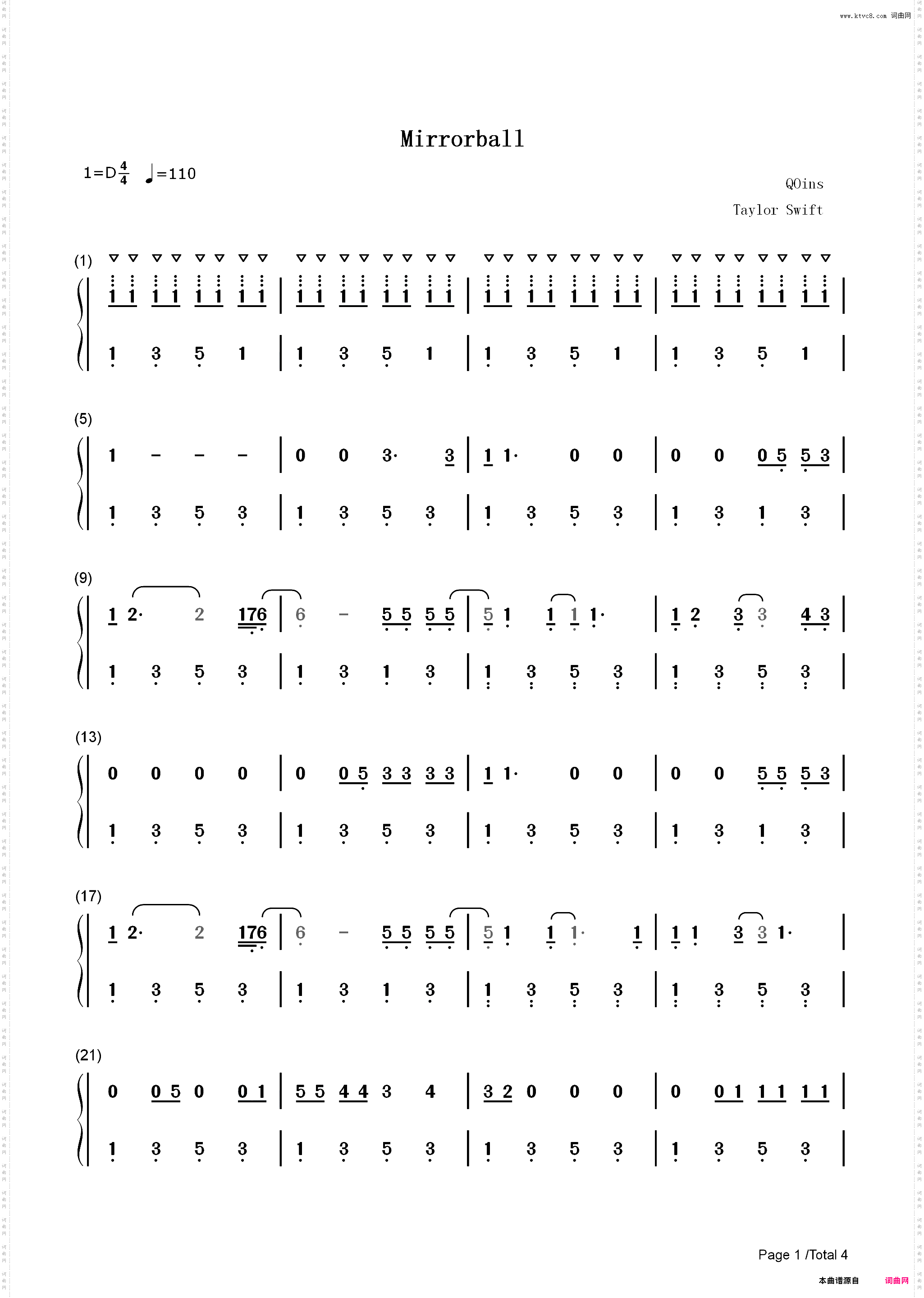 Mirrorball-Taylor Swift_简谱版