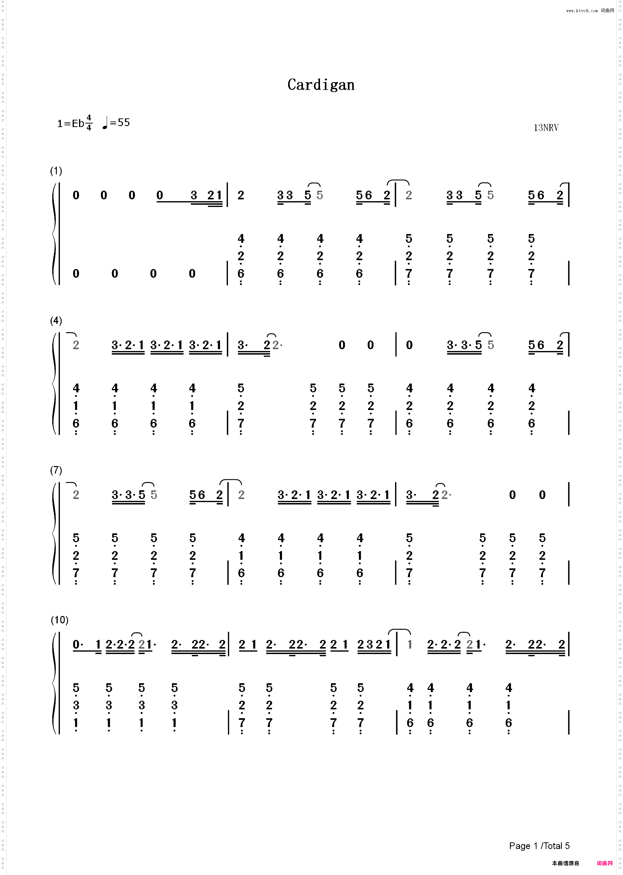 Cardigan-Taylor Swift_简谱版
