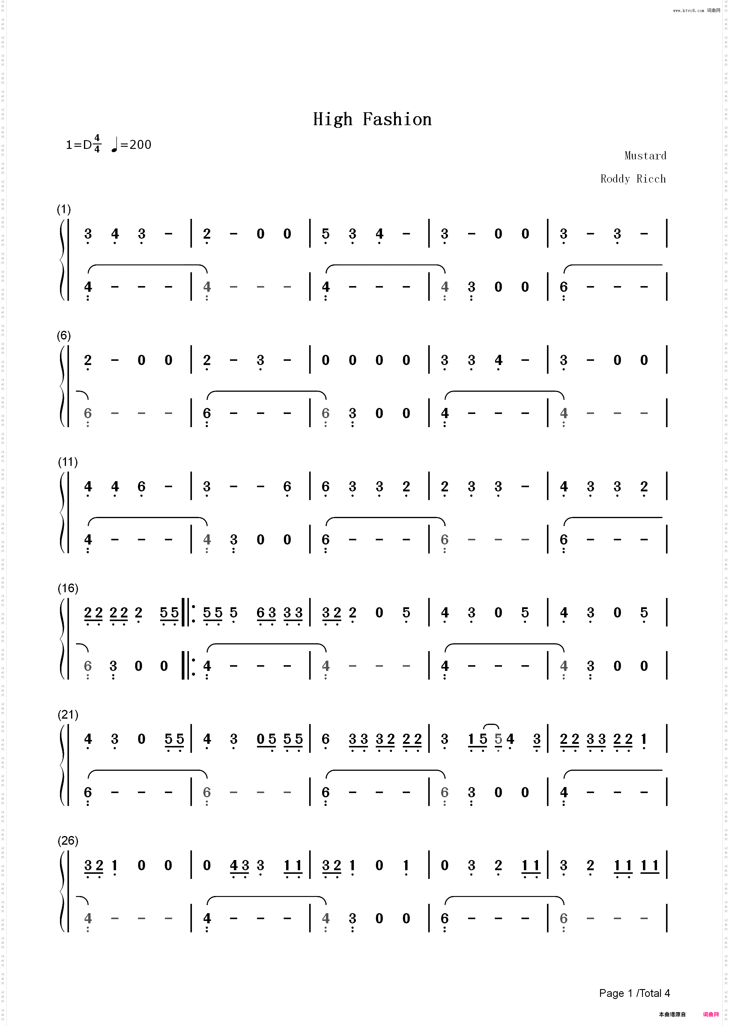 High Fashion-Roddy Ricch ft Mustard_简谱版