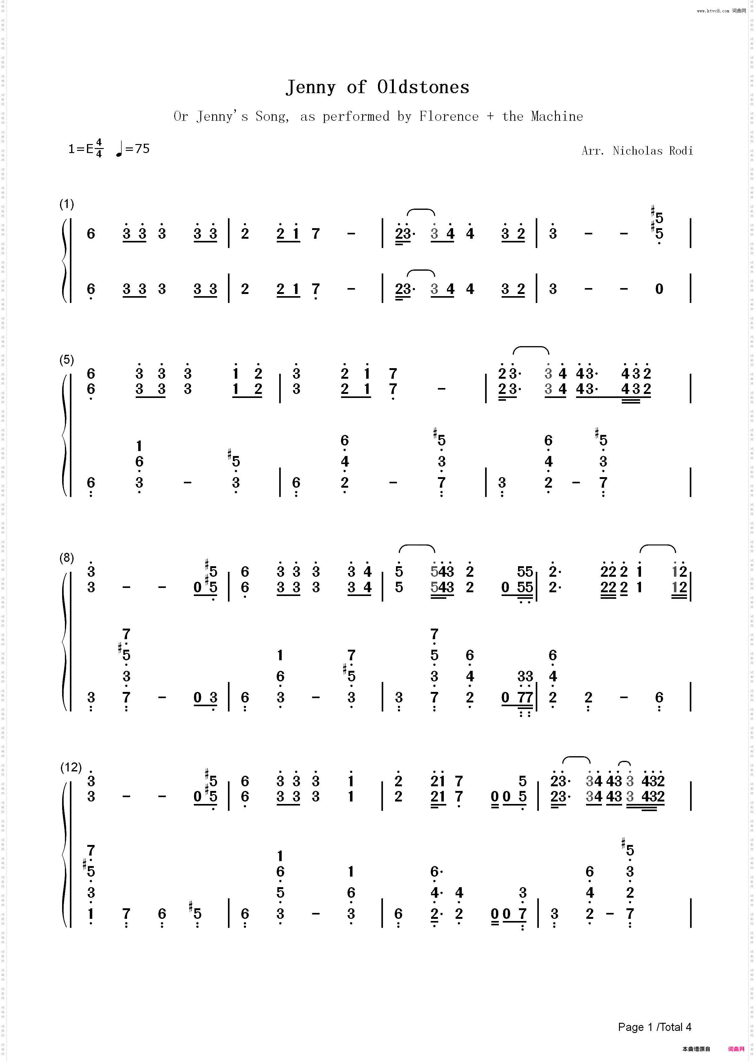 Jenny Of Oldstones-Jennys Song-权力的游戏第八季插曲_简谱版