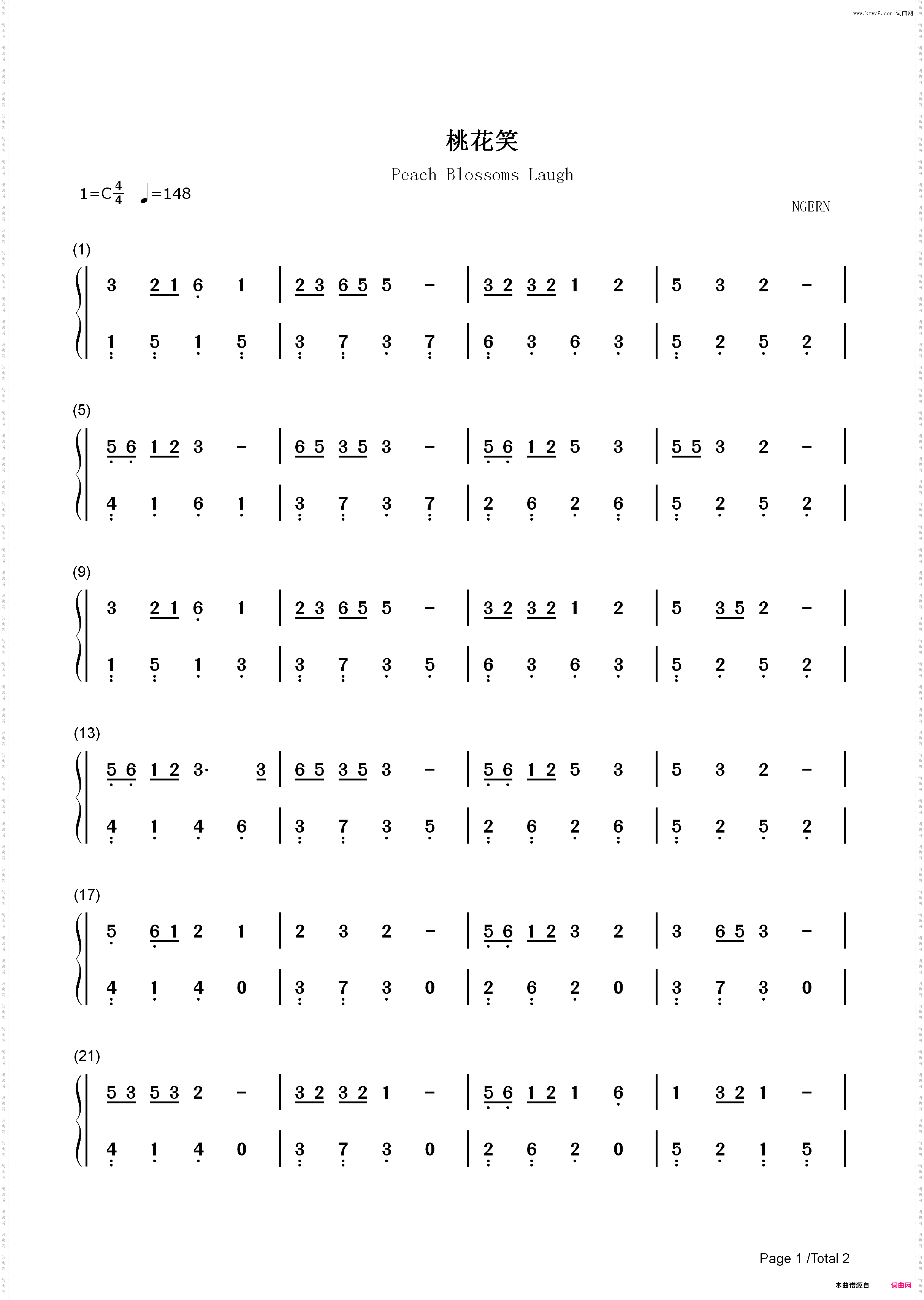 桃花笑-C调简单版_简谱版