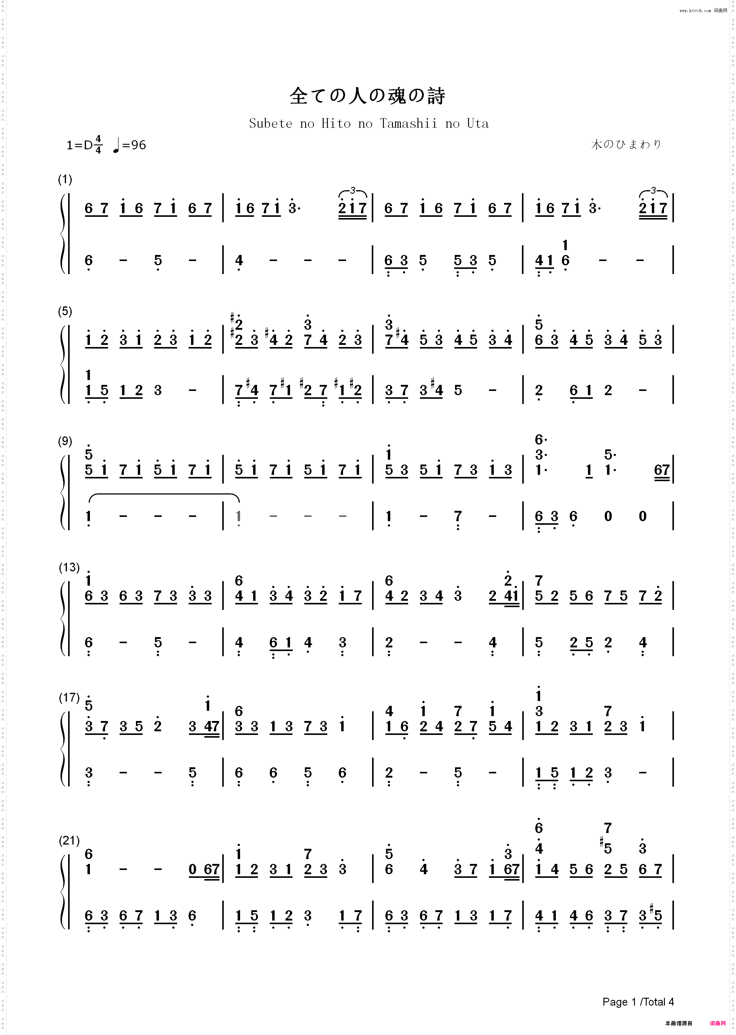 全ての人の魂の诗-女神异闻录BGM_简谱版