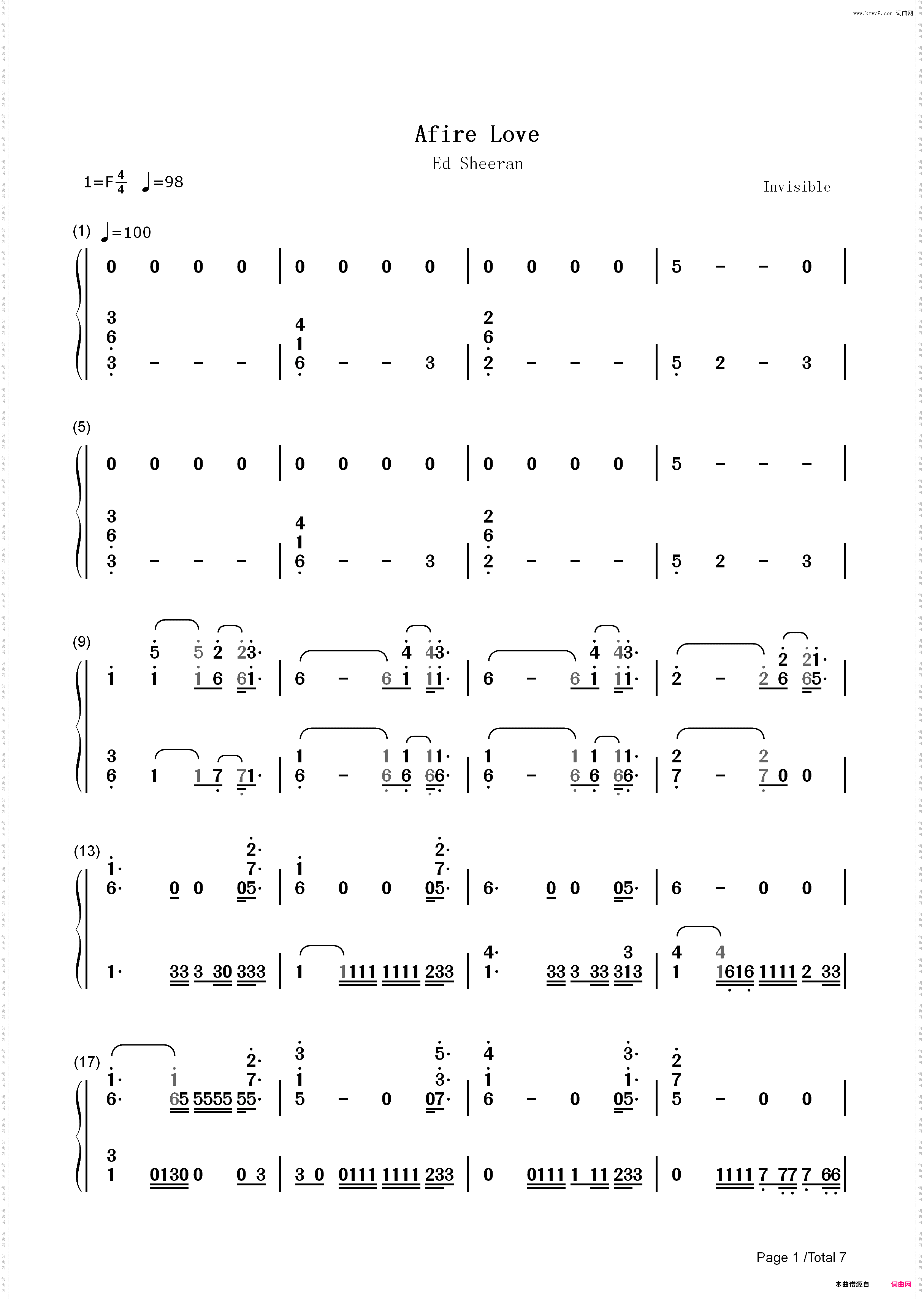 Afire Love-Ed Sheeran_简谱版