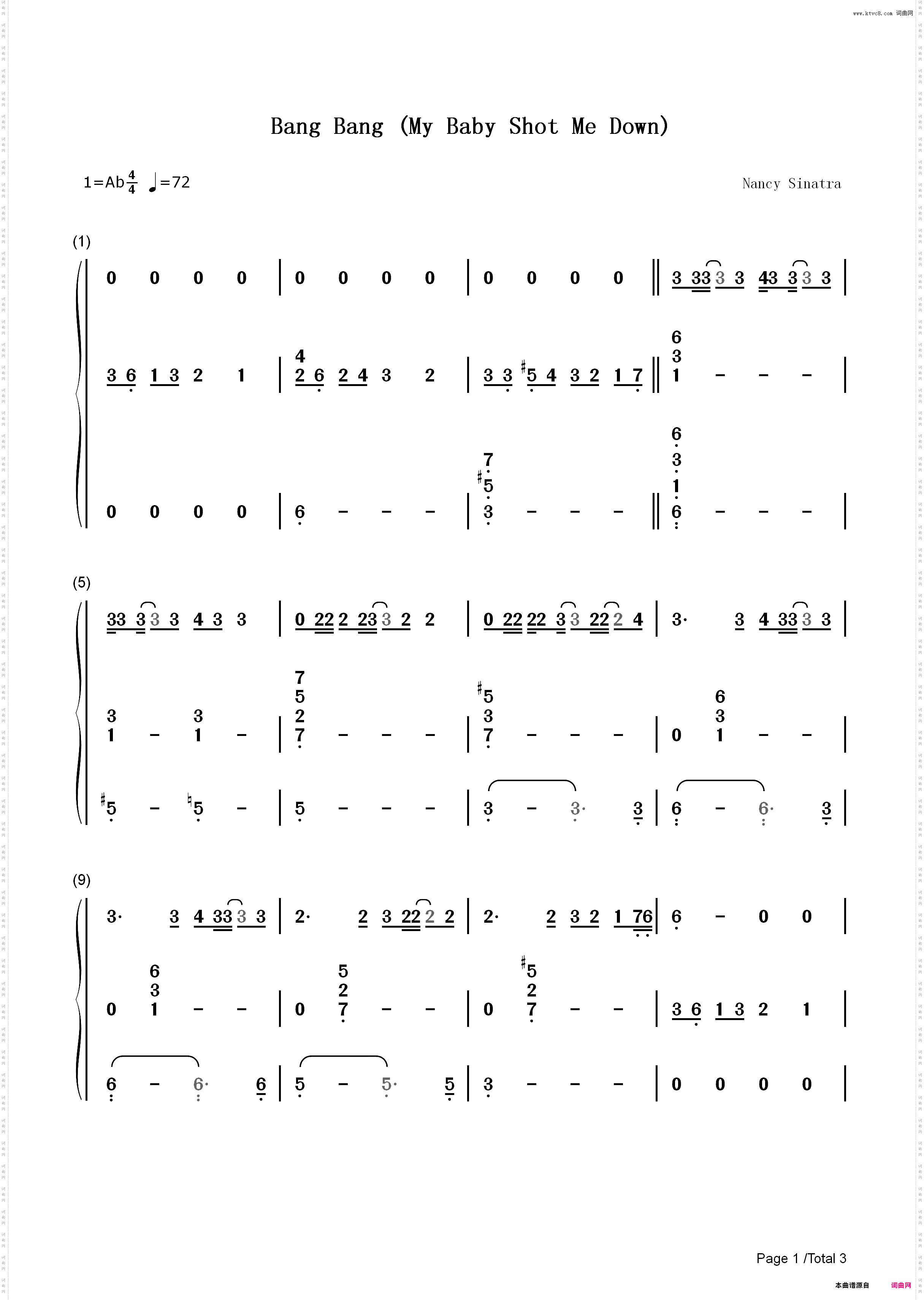 Bang Bang My Baby Shot Me Down-Nancy Sinatra_简谱版